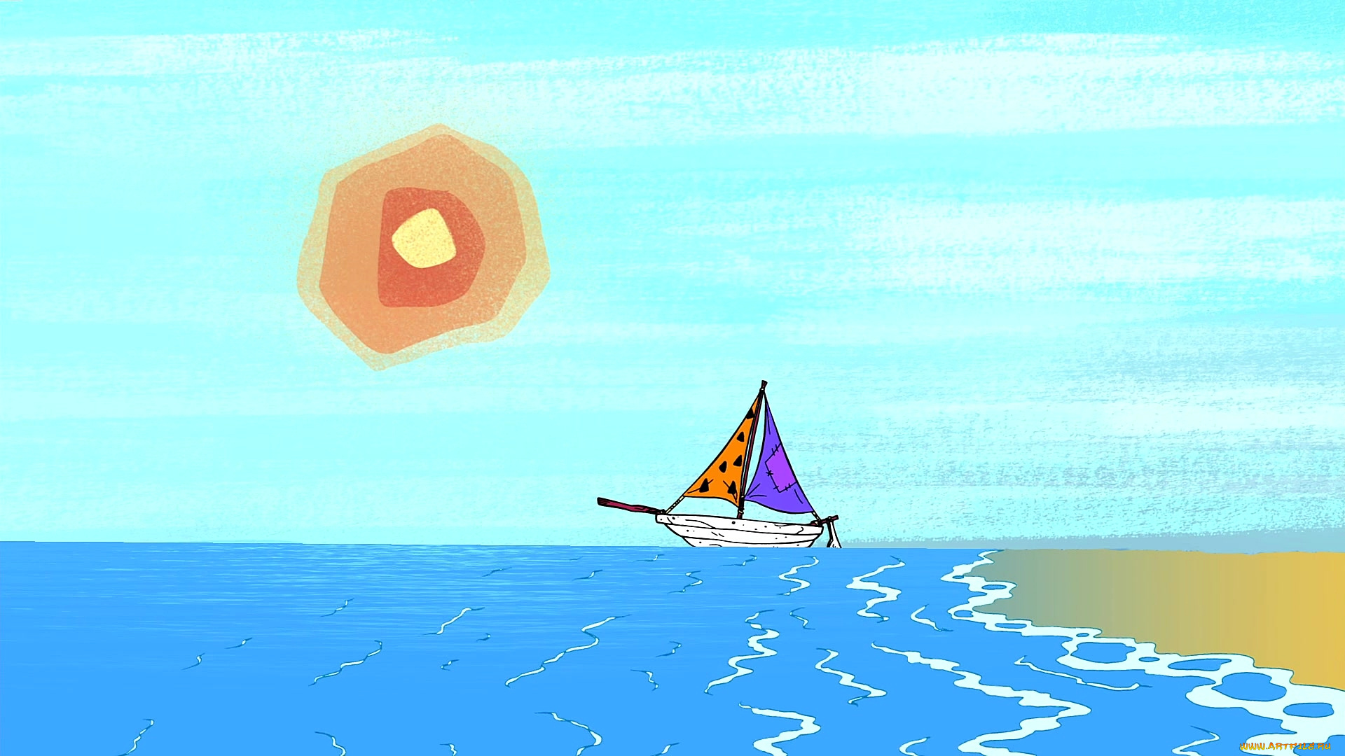 рисованное, природа, лодка, море, солнце