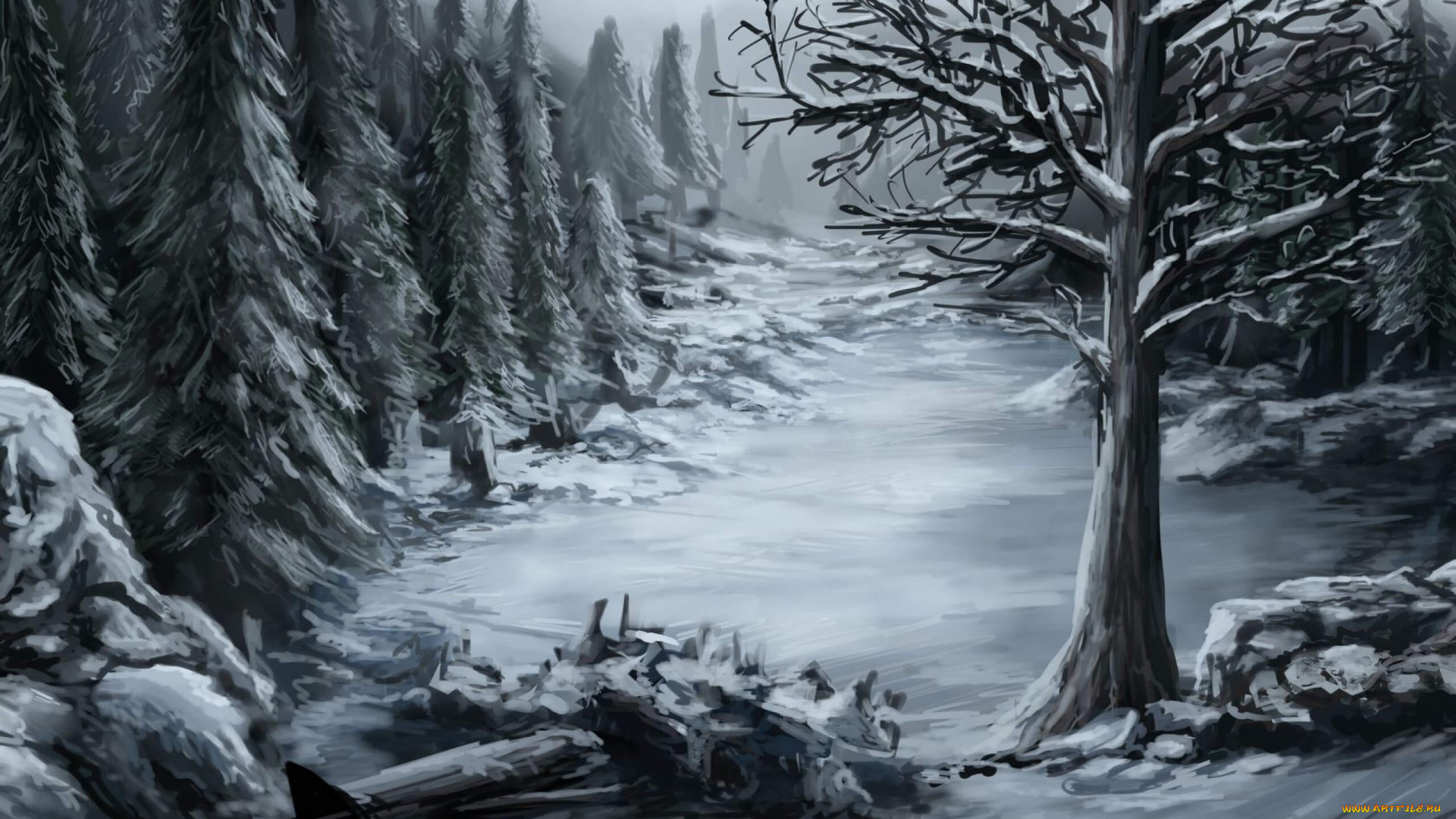 рисованное, природа, снег, деревья, лес