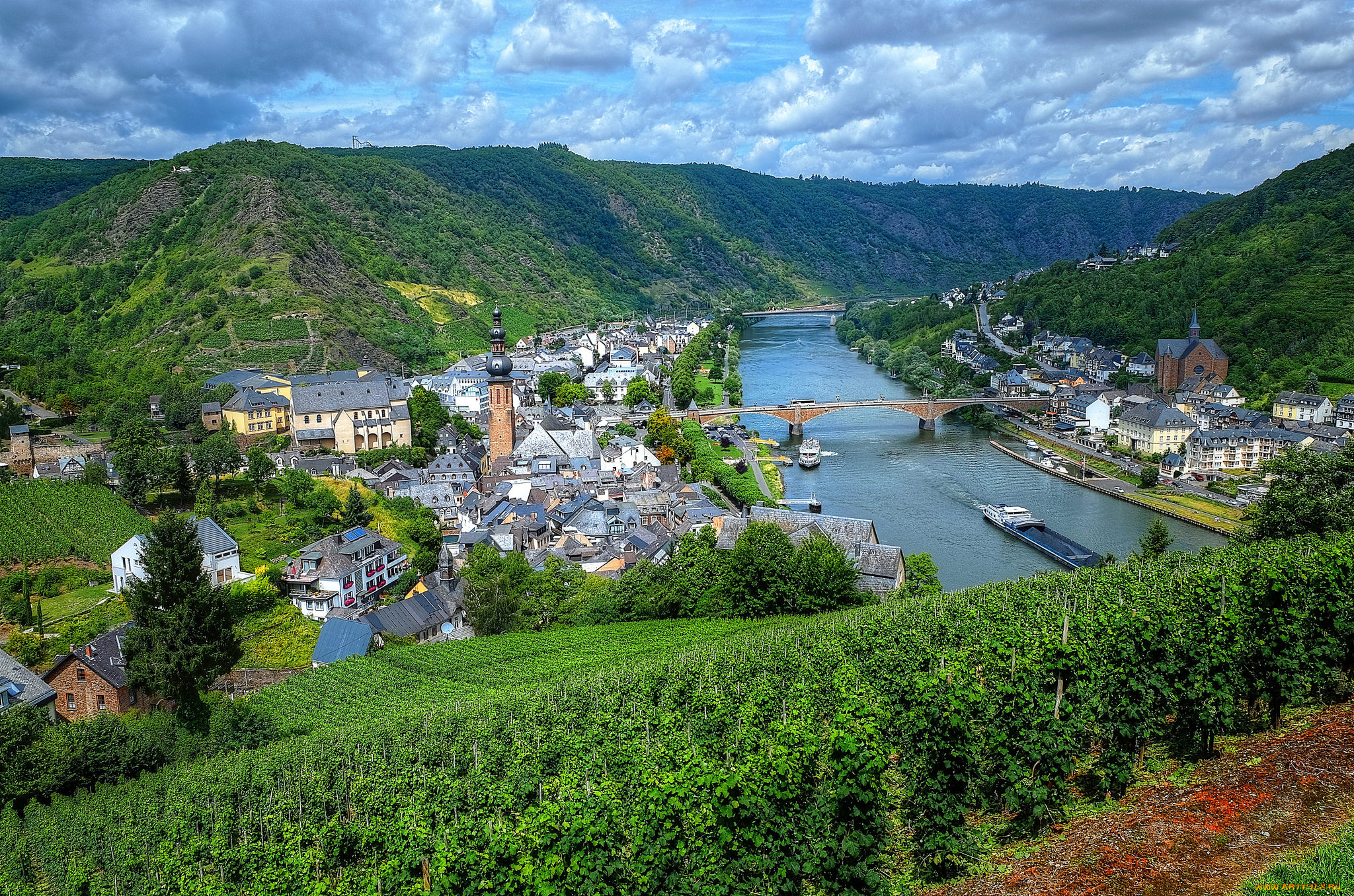 cochem, on, the, mosel, river, города, -, панорамы, шпиль, мост, река