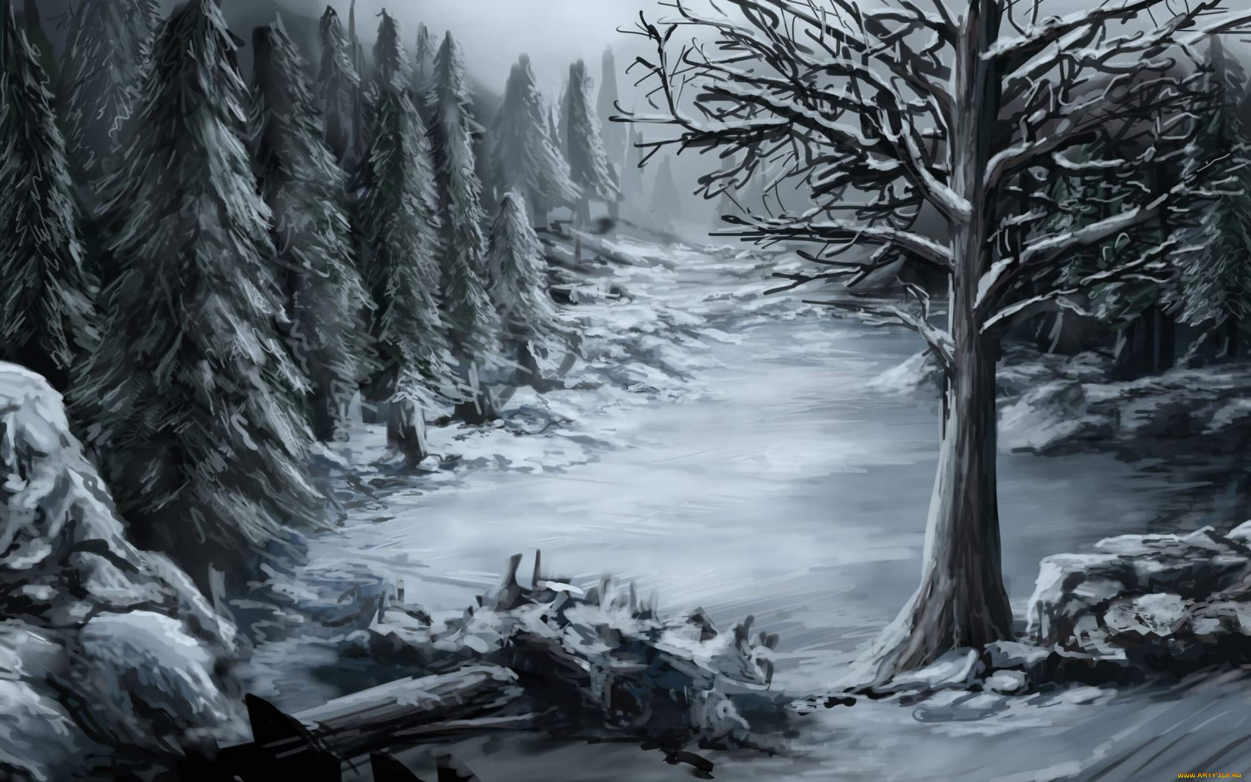 рисованное, природа, снег, деревья, лес