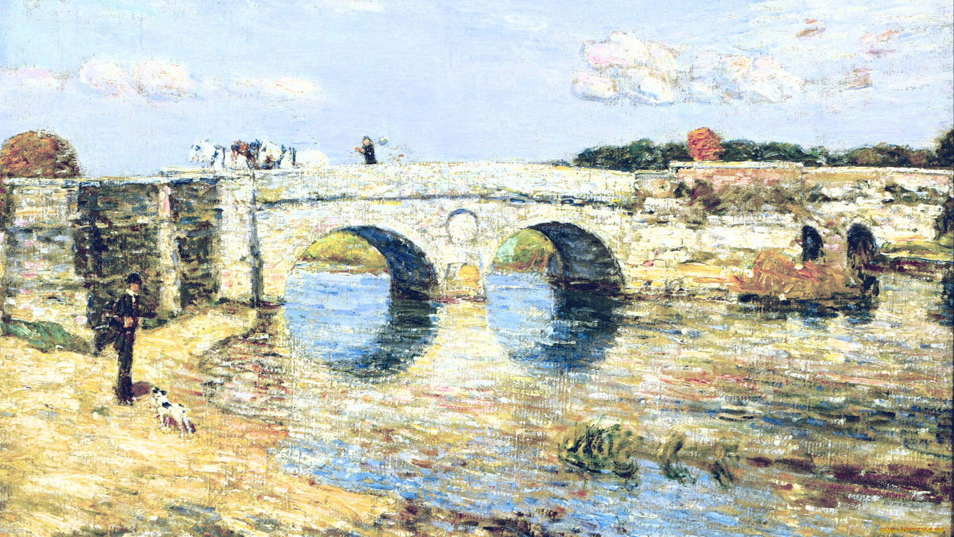 рисованное, frederick, childe, hassam, мост, река, люди