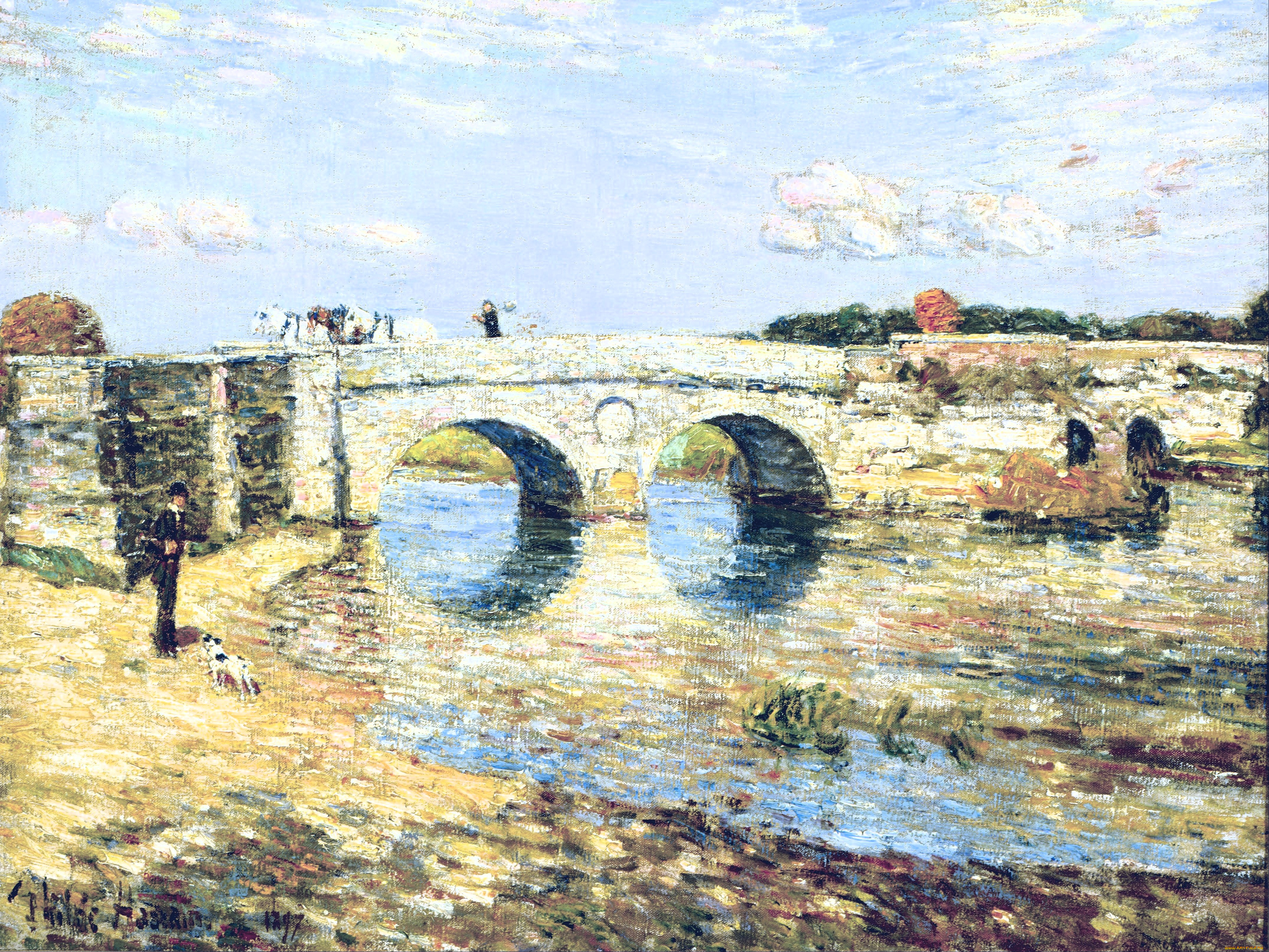 рисованное, frederick, childe, hassam, мост, река, люди