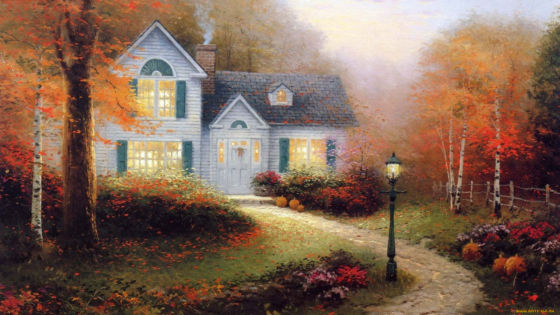 thomas, kinkade, рисованные, осень, дом, фонарь, дорожка