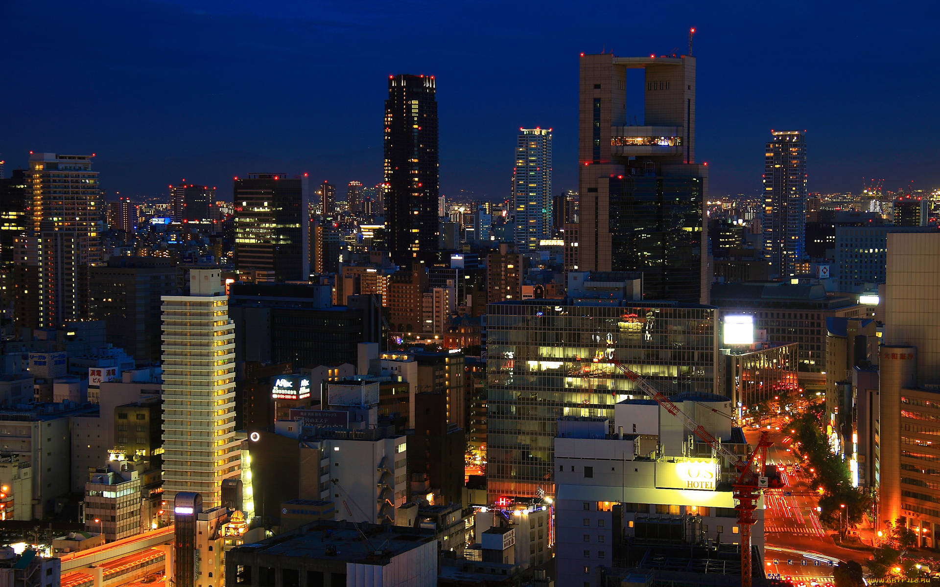 города, огни, ночного, дома, osaka