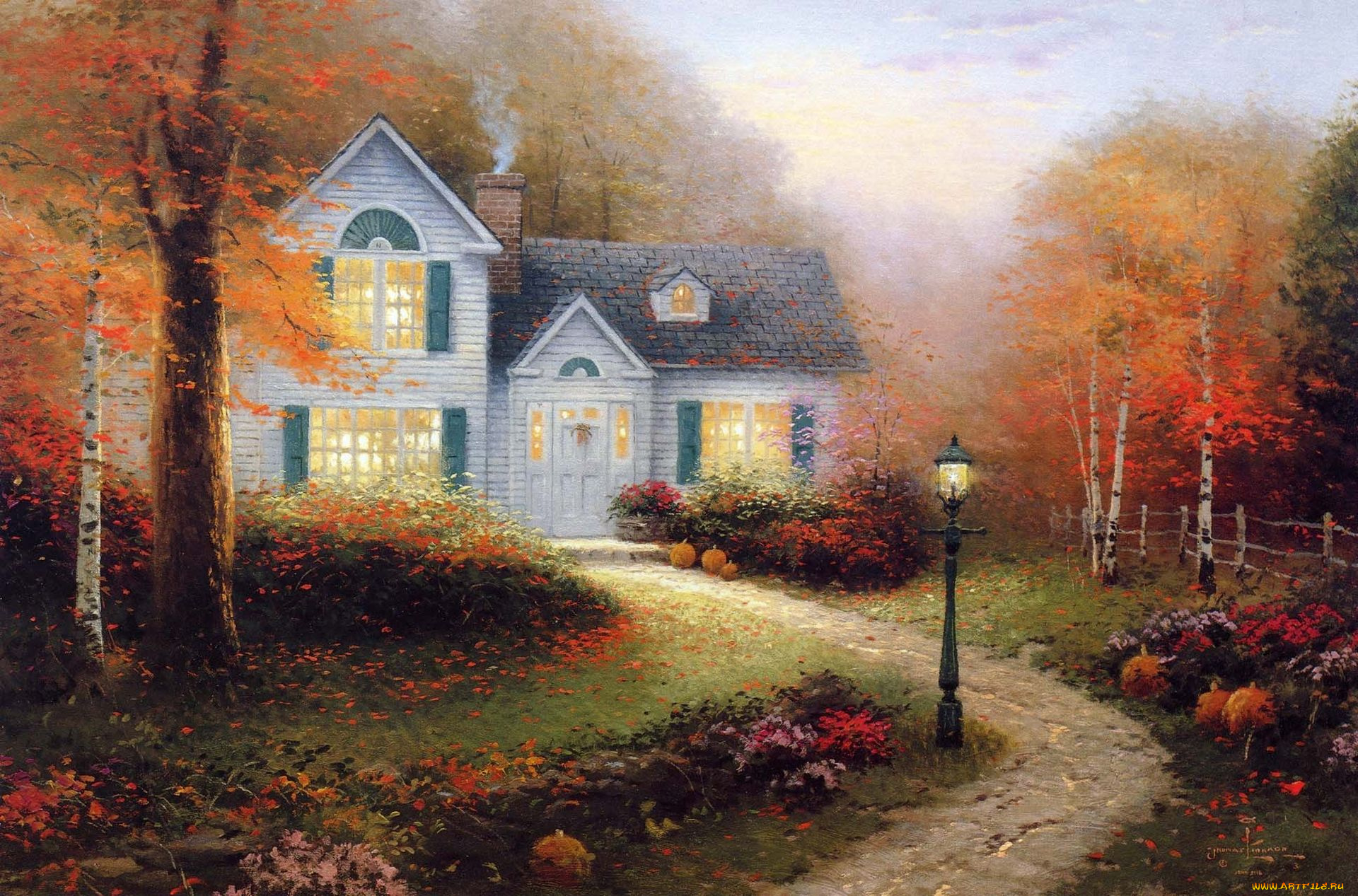 thomas, kinkade, рисованные, осень, дом, фонарь, дорожка