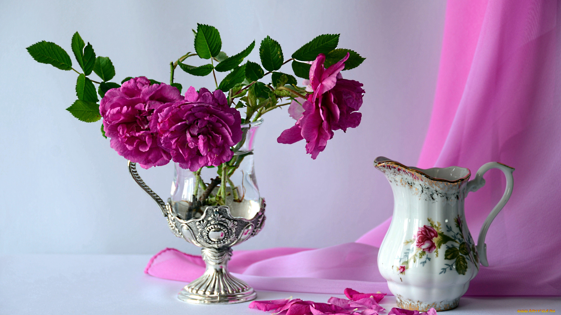 цветы, розы, ваза, кувшин, розовый