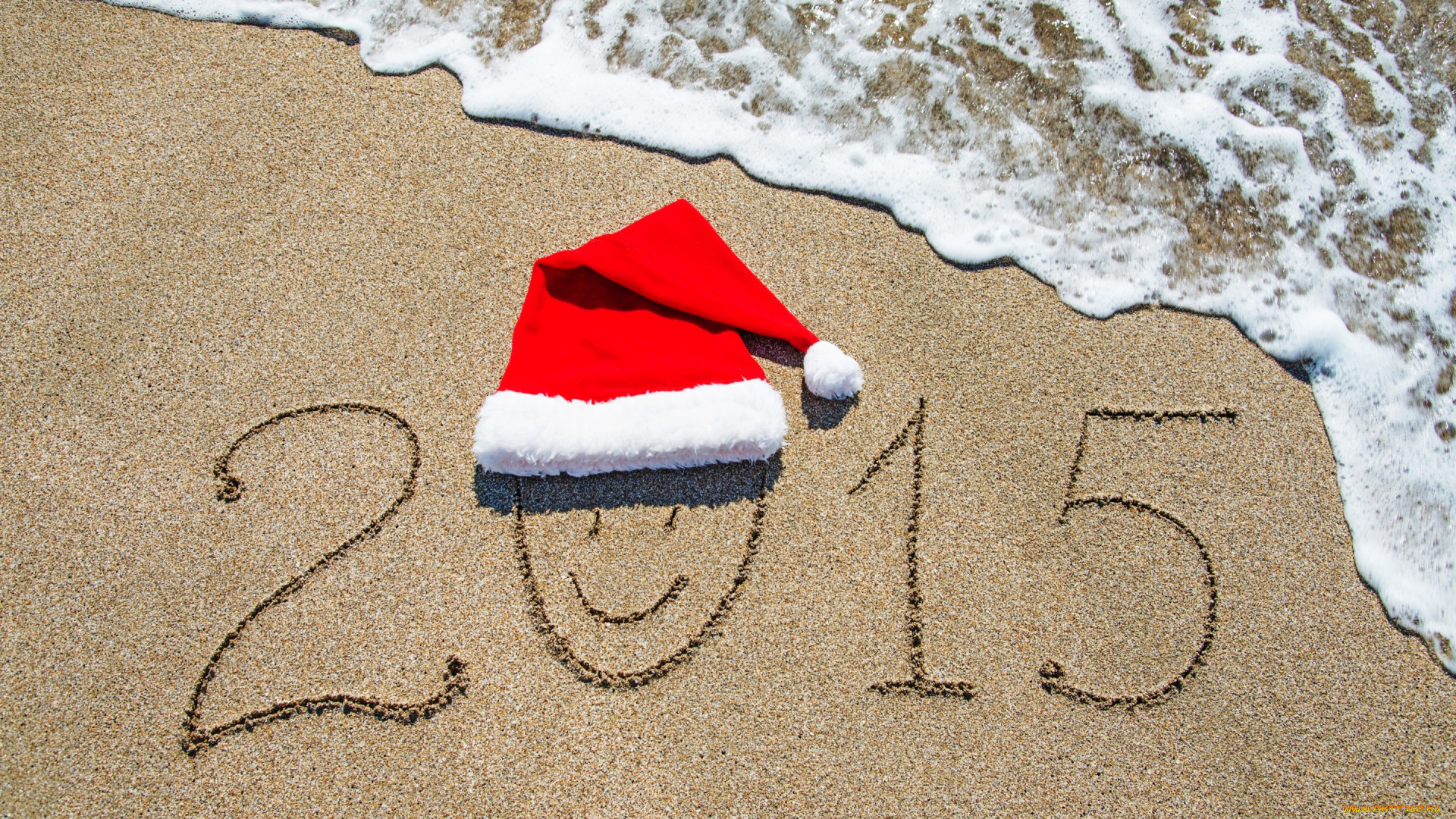 праздничные, -, разное, , новый, год, sea, c, новым, годом, santa, hat, sand, beach, море, песок, пляж, 2015, new, year, happy