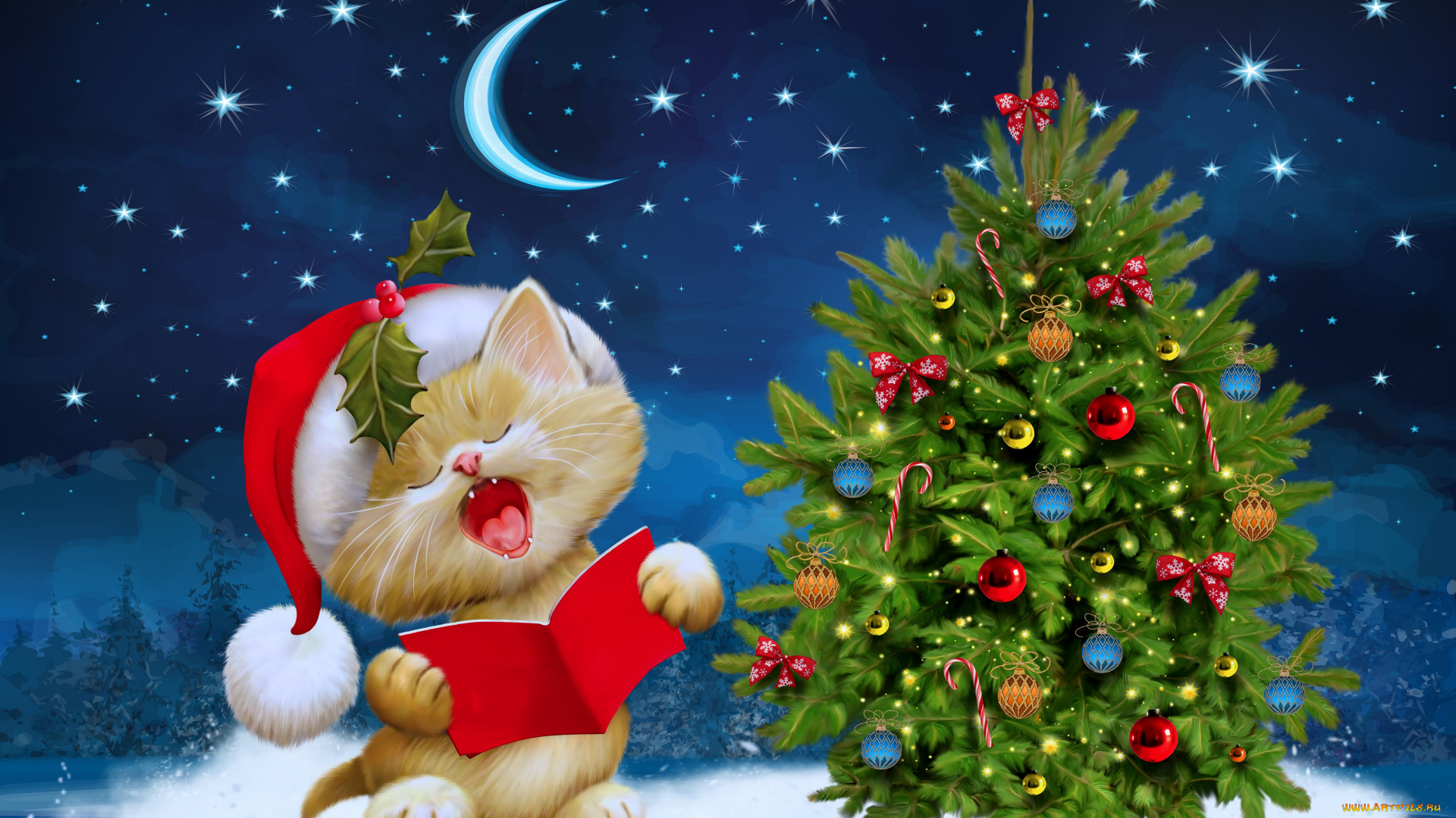 праздничные, рисованные, сочельник, kitten, луна, tree, night, christmas, merry, новый, год, design, by, marika, рождество, winter, snow, santa, ночь, елка, зима, снег, звезды, котенок