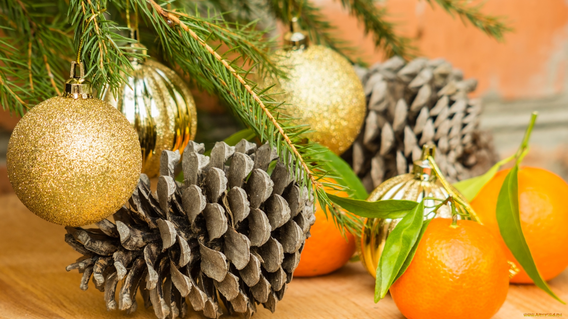 праздничные, угощения, christmas, новый, год, merry, рождество, decoration, шары, апельсины, шишки, елка, украшения