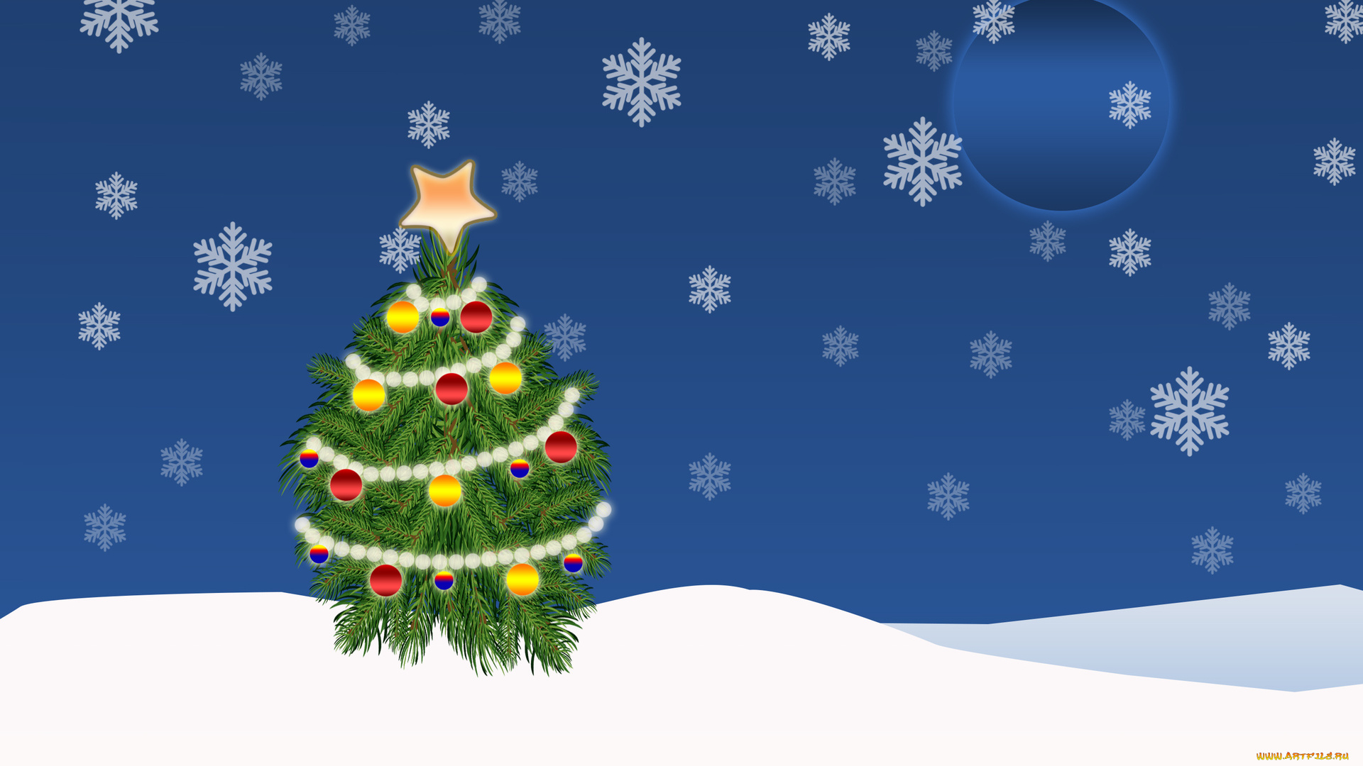 праздничные, векторная, графика, , новый, год, снег, фон, луна, украшения, елка, снежинки