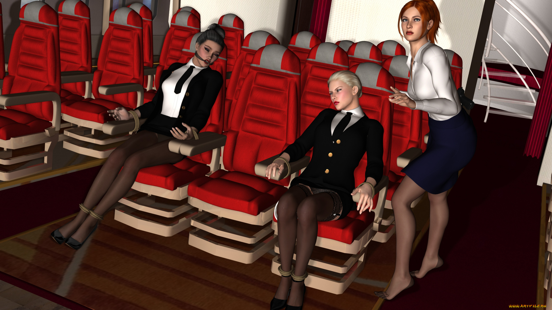 stewardesses, 3д, графика, фантазия, , fantasy, рыжая, салон, стулья, девушки