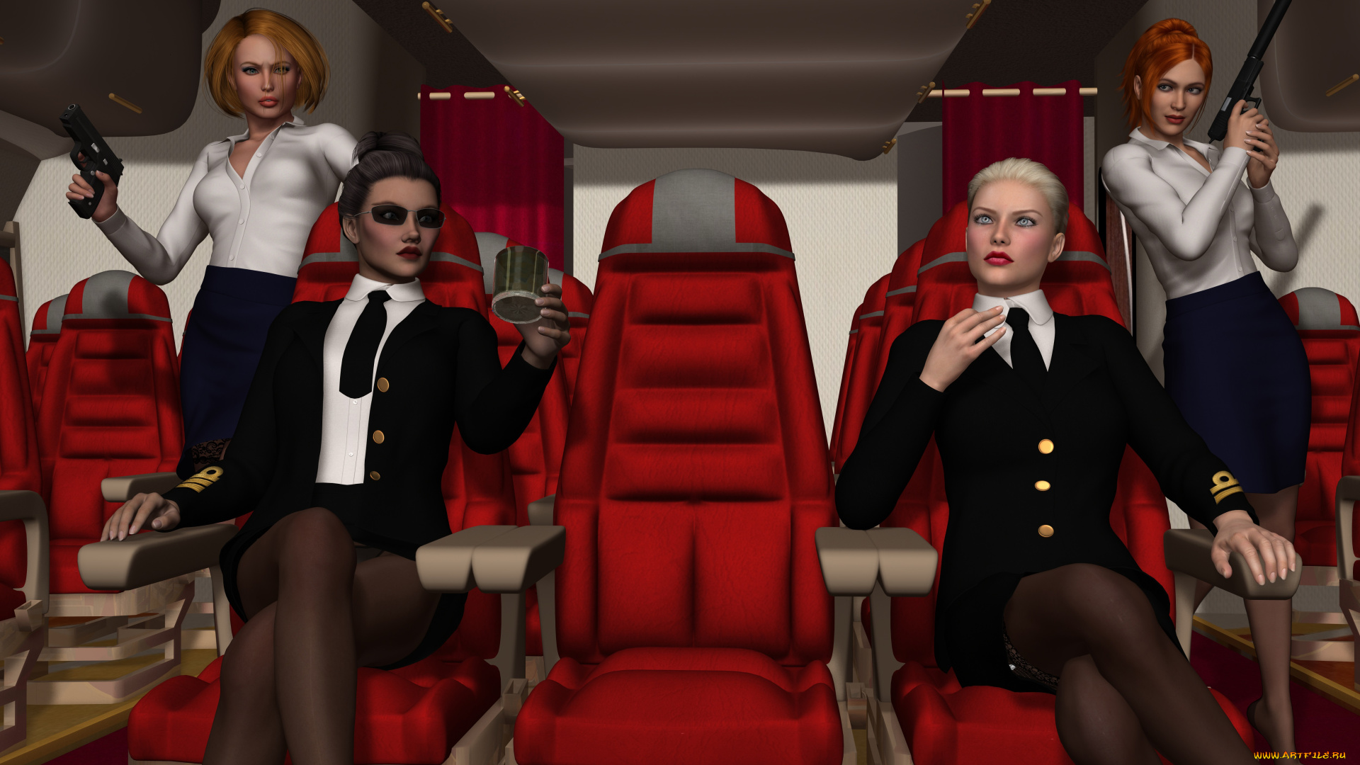 stewardesses, 3д, графика, фантазия, , fantasy, оружия, стулья, девушки