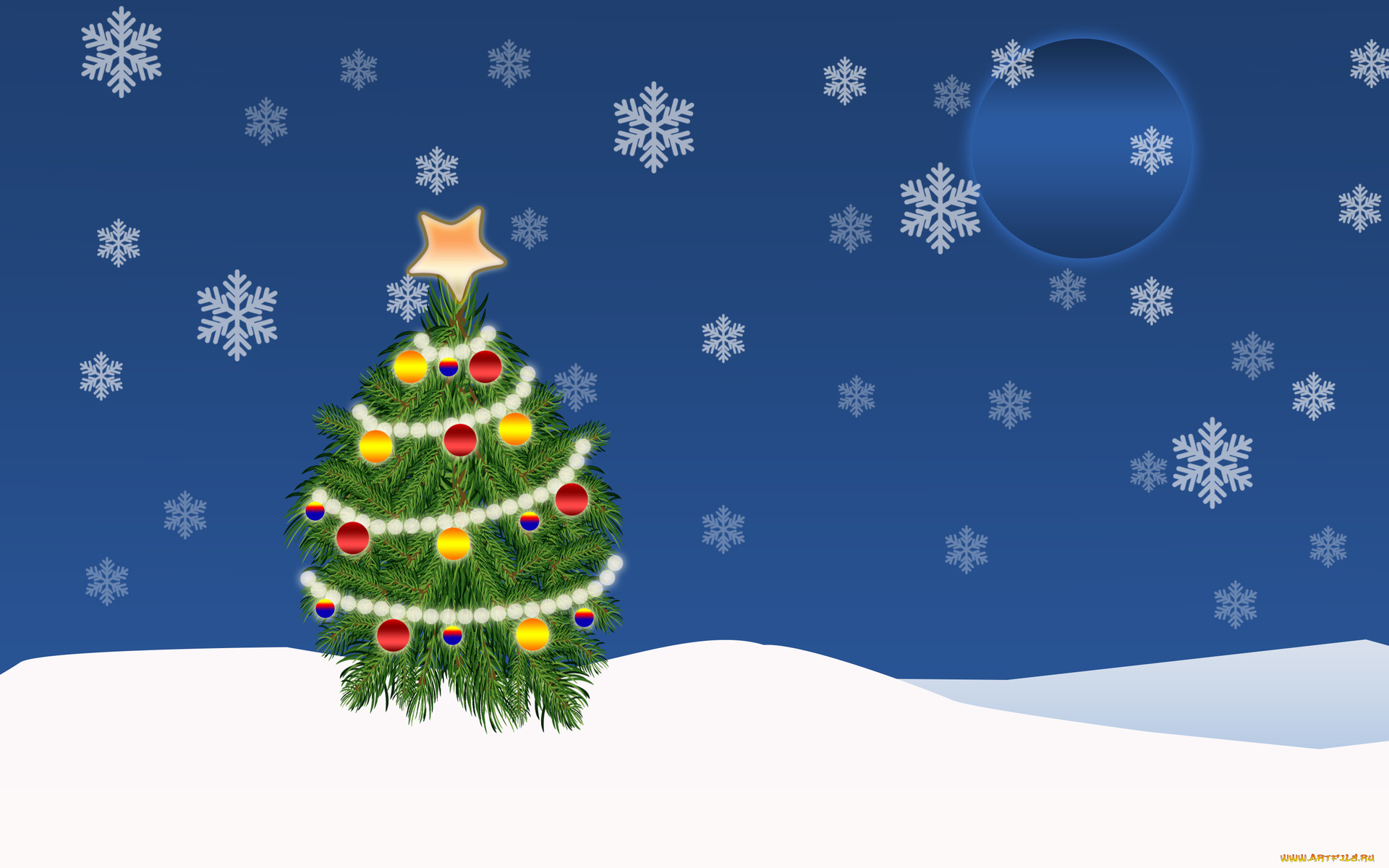 праздничные, векторная, графика, , новый, год, снег, фон, луна, украшения, елка, снежинки