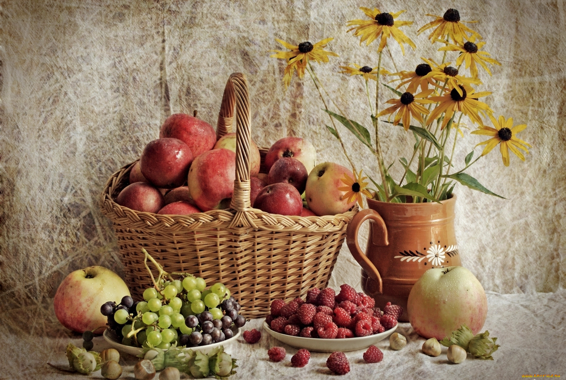еда, натюрморт, малина, виноград, яблоки, корзина