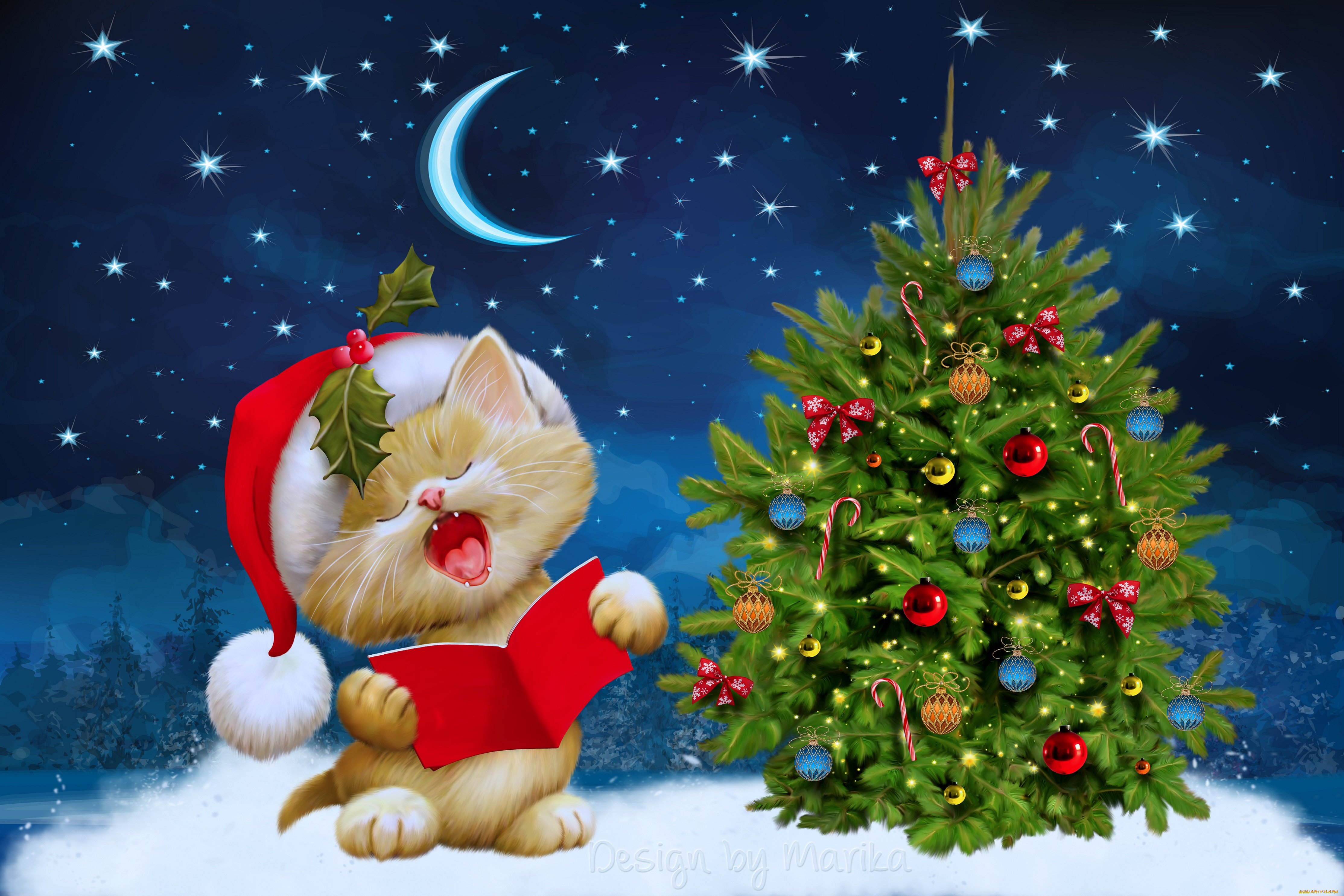 праздничные, рисованные, сочельник, kitten, луна, tree, night, christmas, merry, новый, год, design, by, marika, рождество, winter, snow, santa, ночь, елка, зима, снег, звезды, котенок