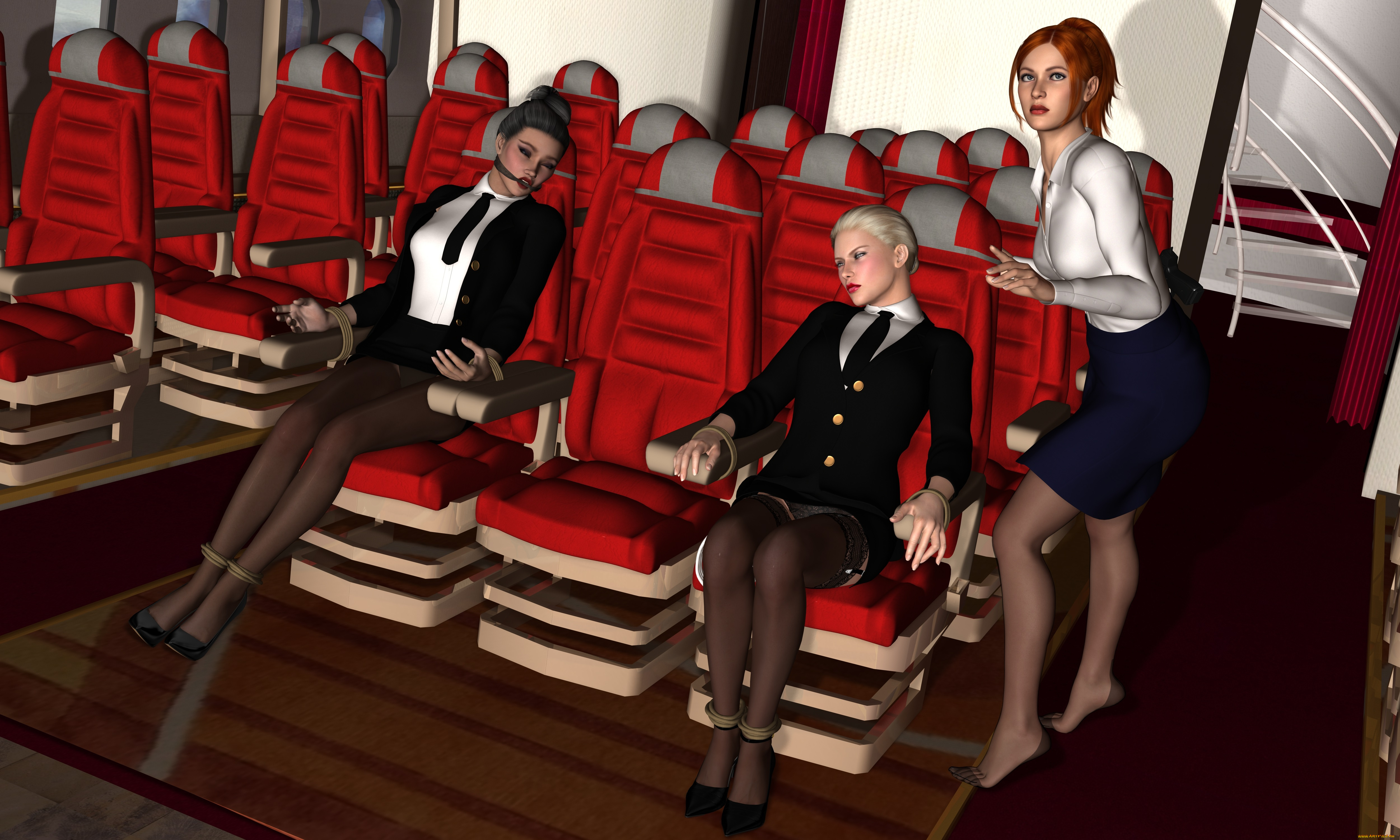 stewardesses, 3д, графика, фантазия, , fantasy, рыжая, салон, стулья, девушки