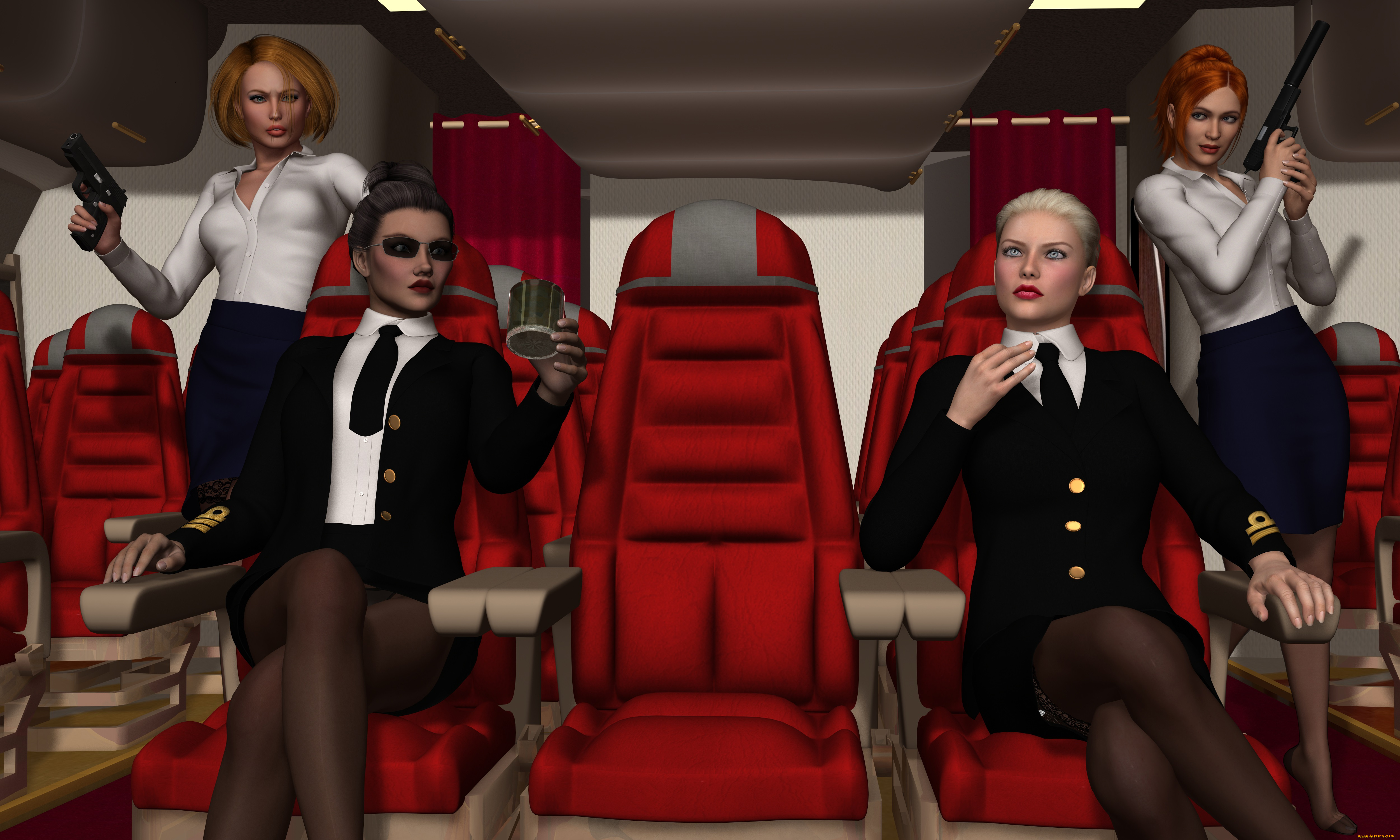 stewardesses, 3д, графика, фантазия, , fantasy, оружия, стулья, девушки