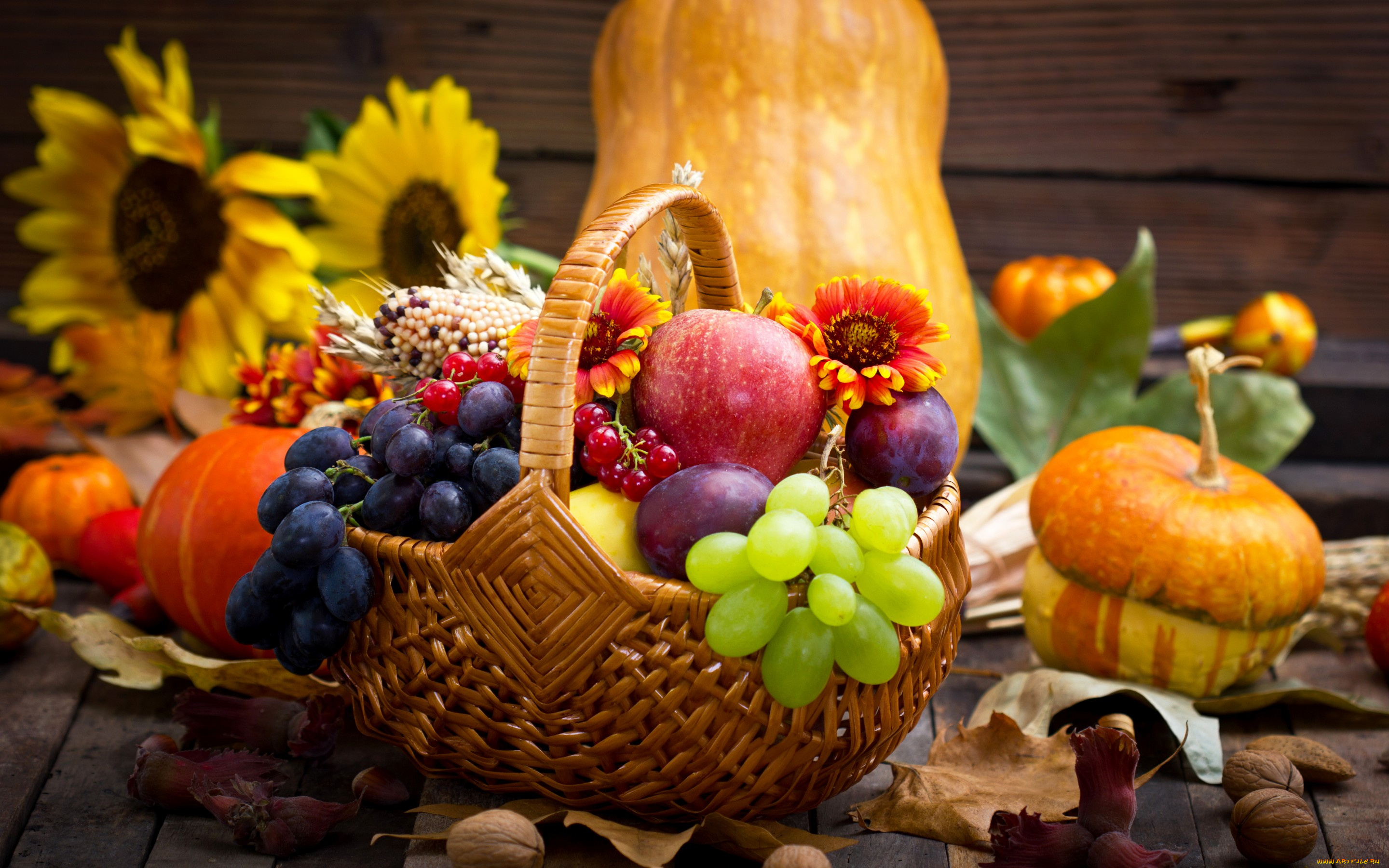 еда, фрукты, , ягоды, pumpkin, grapes, apples, autumn, flowers, тыква, виноград, яблоки, цветы, корзина