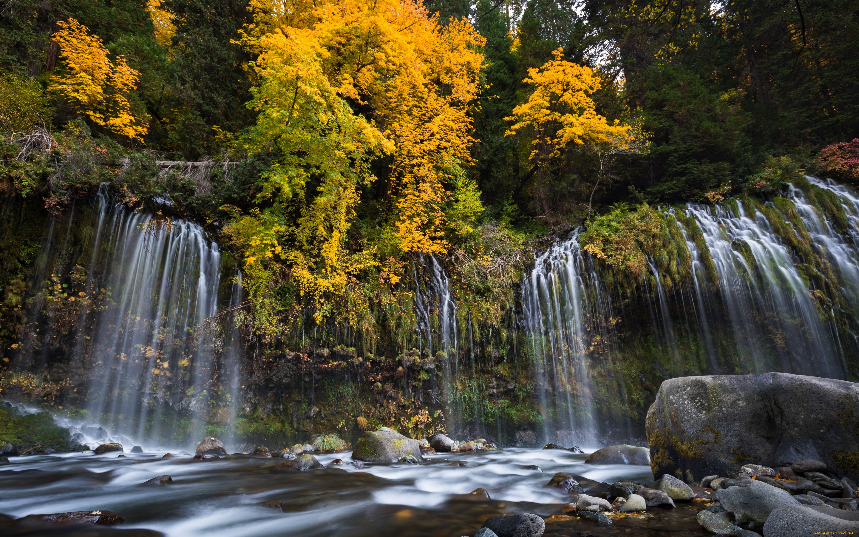 природа, водопады, лес, осень, река, каскад