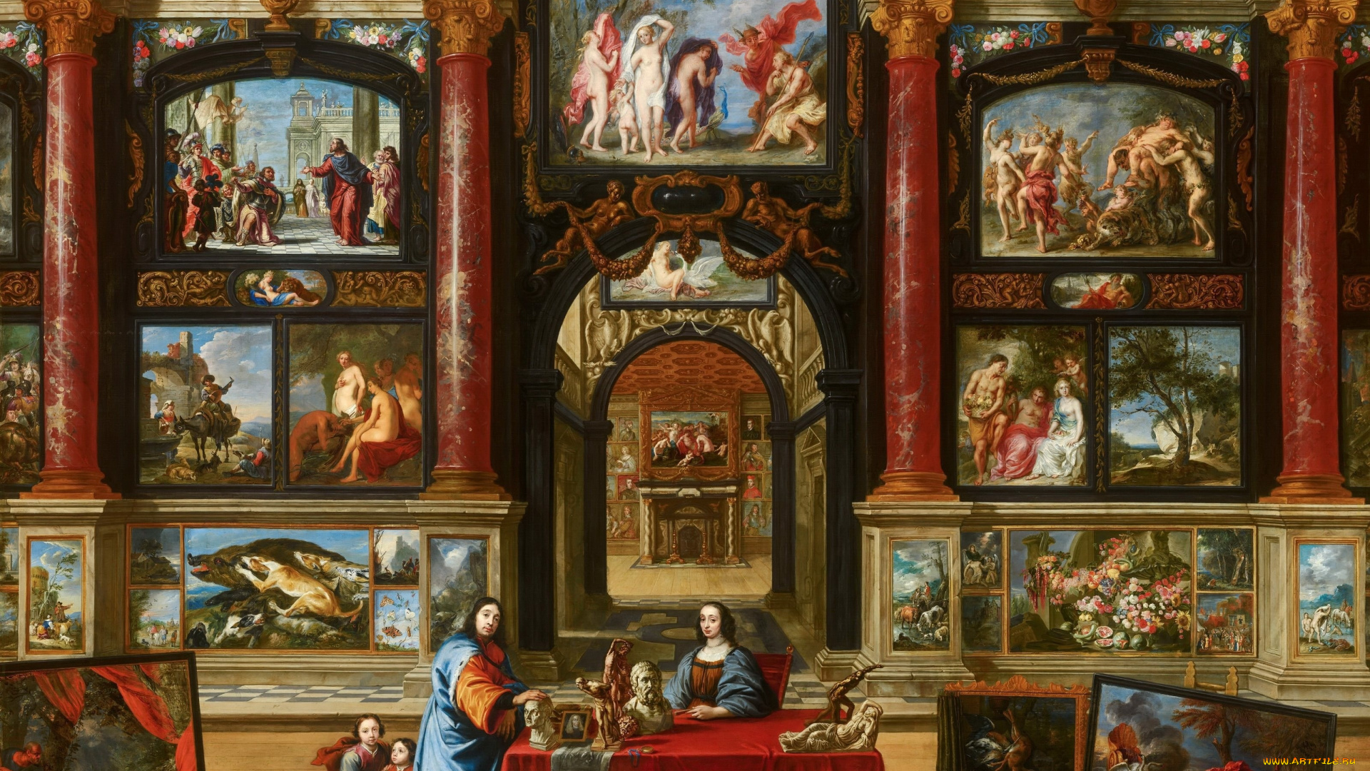 coques, , gonzales, -, interior, with, figures, before, a, picture, collection, рисованное, живопись, музeй, mauritshuis, гаага, голландия, маурицхeйс, кокс, гонсалес, интерьер, картинной, галереи, с, фигурами