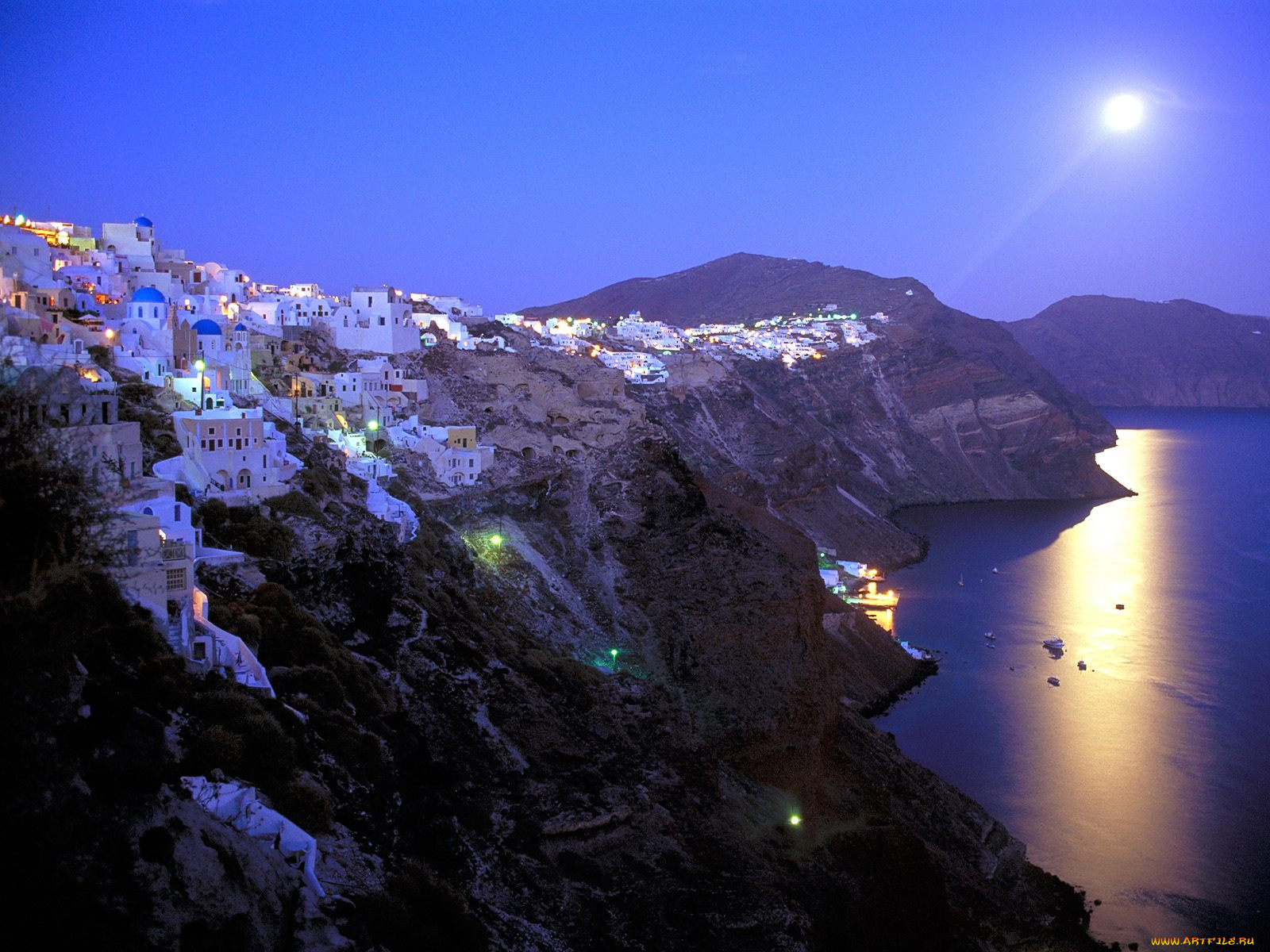 moonrise, over, santorini, greece, города, санторини, греция