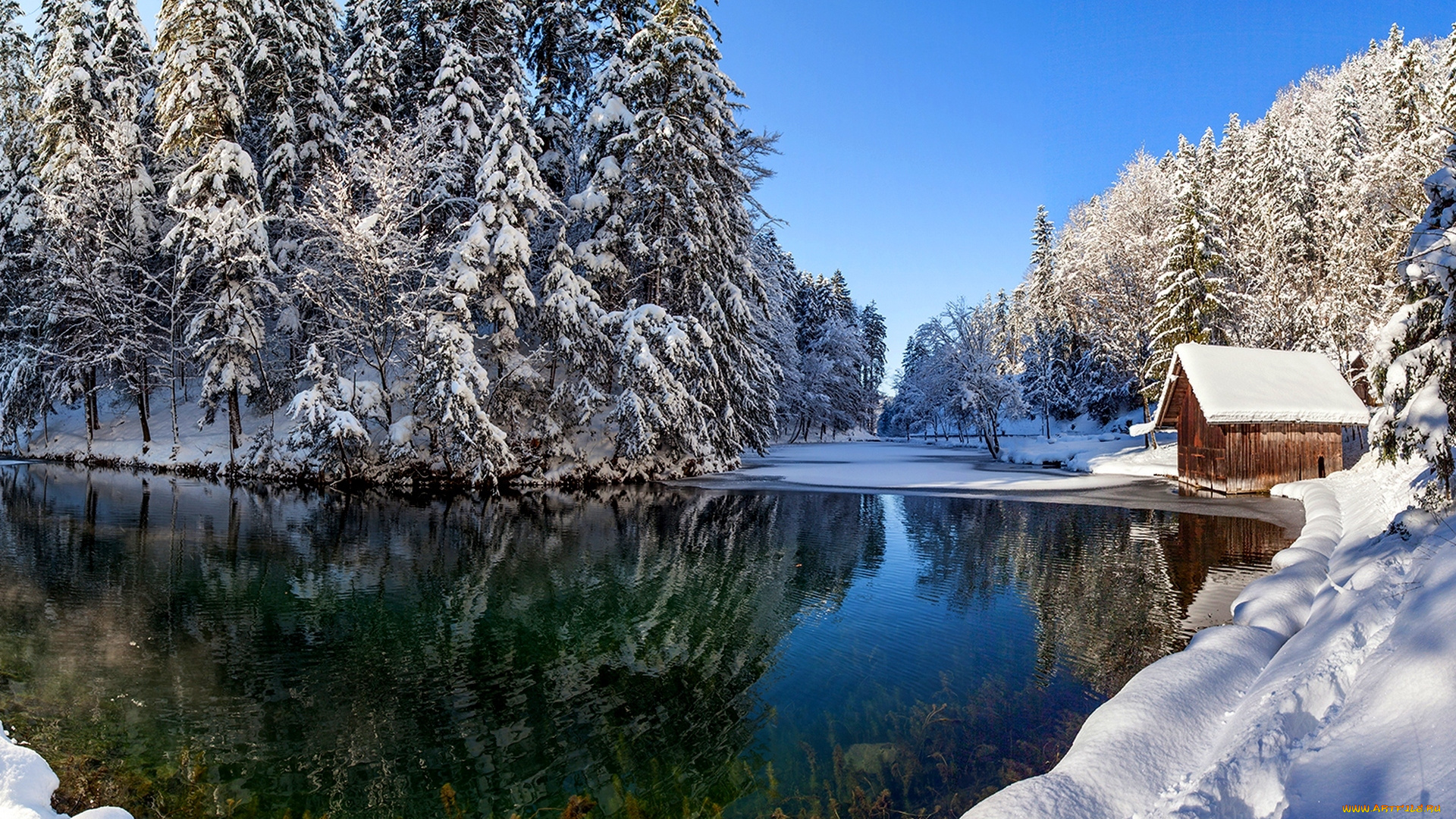 природа, реки, озера, река, снег, отражение, дом, зима, sky, winter, nature, пейзаж, white, beautiful, небо, snow, scenery, landscape, house, river, nice, cool, reflection