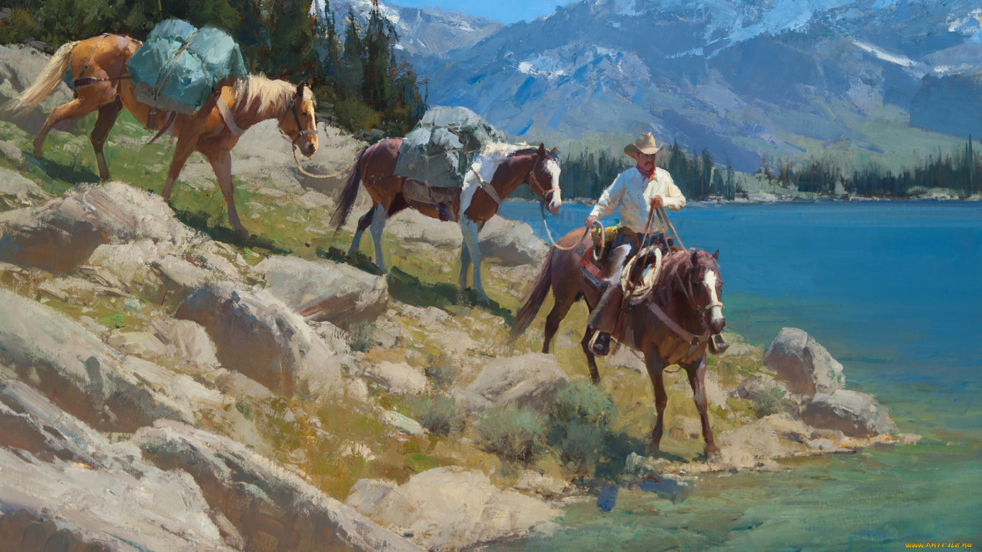 рисованное, живопись, озеро, лошади, ковбой, деревья, горы, небо, пейзаж, anton, bill