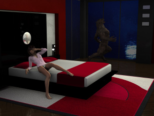 обоя 3д графика, фантазия , fantasy, фон, взгляд, девушка, существо, кровать, интерьер
