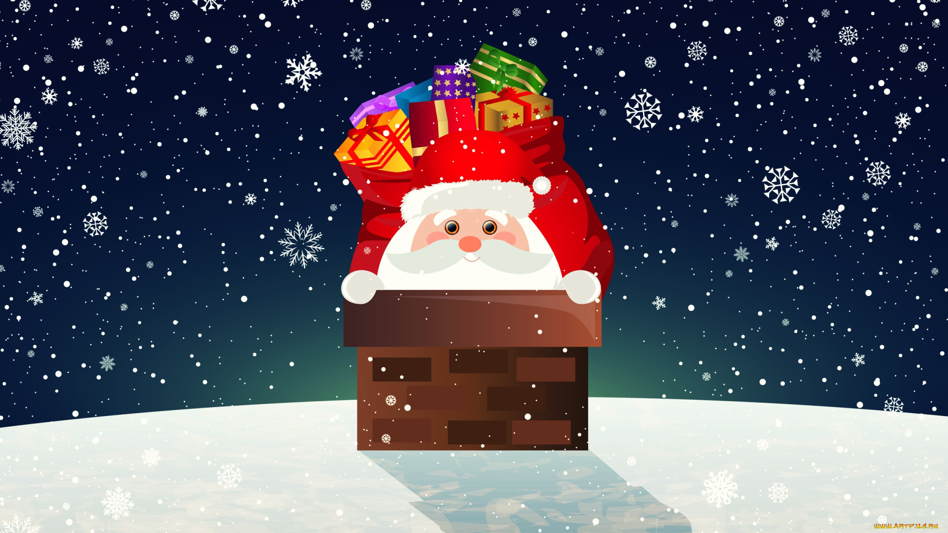 праздничные, векторная, графика, , новый, год, снег, дымоход, новый, год, крыша, подарки, санта-клаус, зима, санта, мешок, труба, снежинки, клаус, фон, праздник, минимализм, рождество
