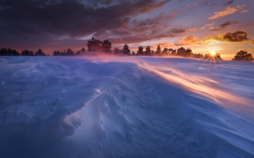 Картинка природа восходы закаты небо солнце зима снег лучи облака закат