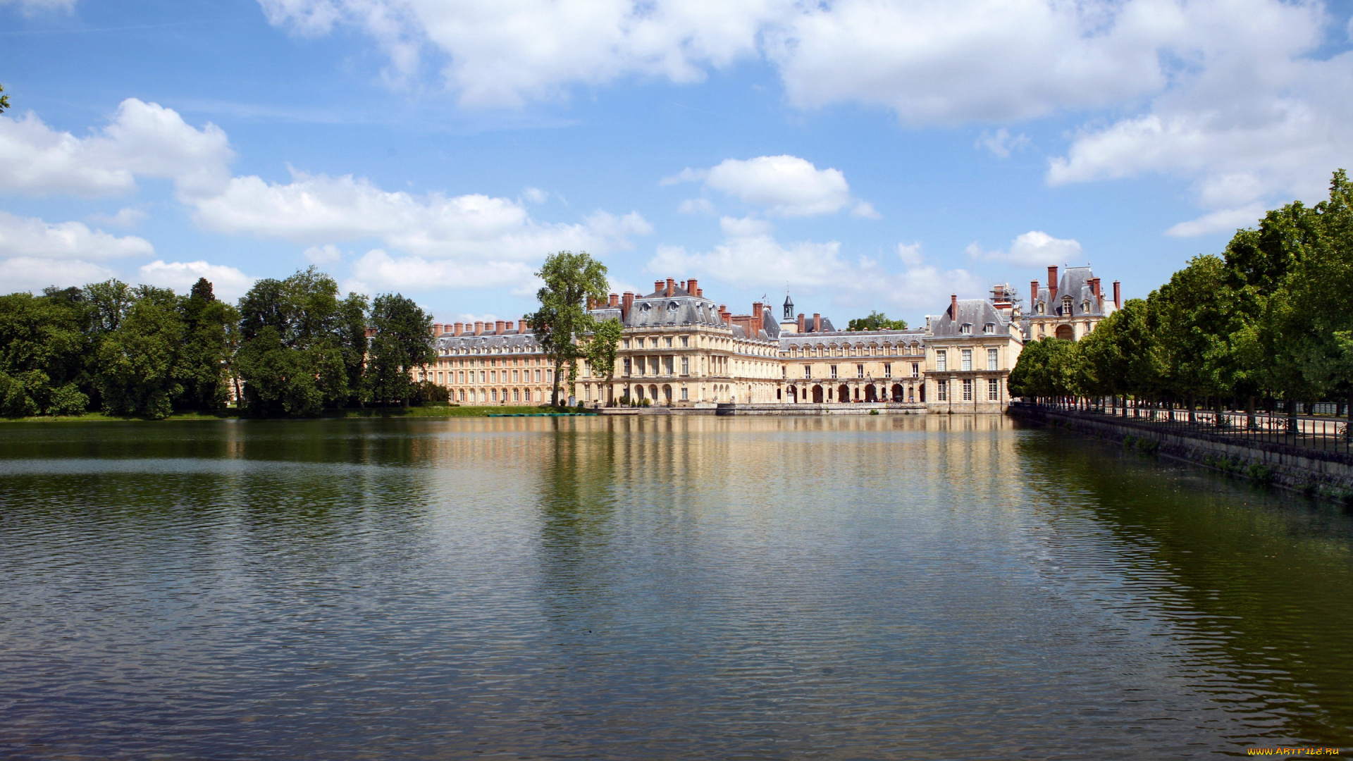 castle, fontainebleau, france, города, дворцы, замки, крепости, река, деревья, замок