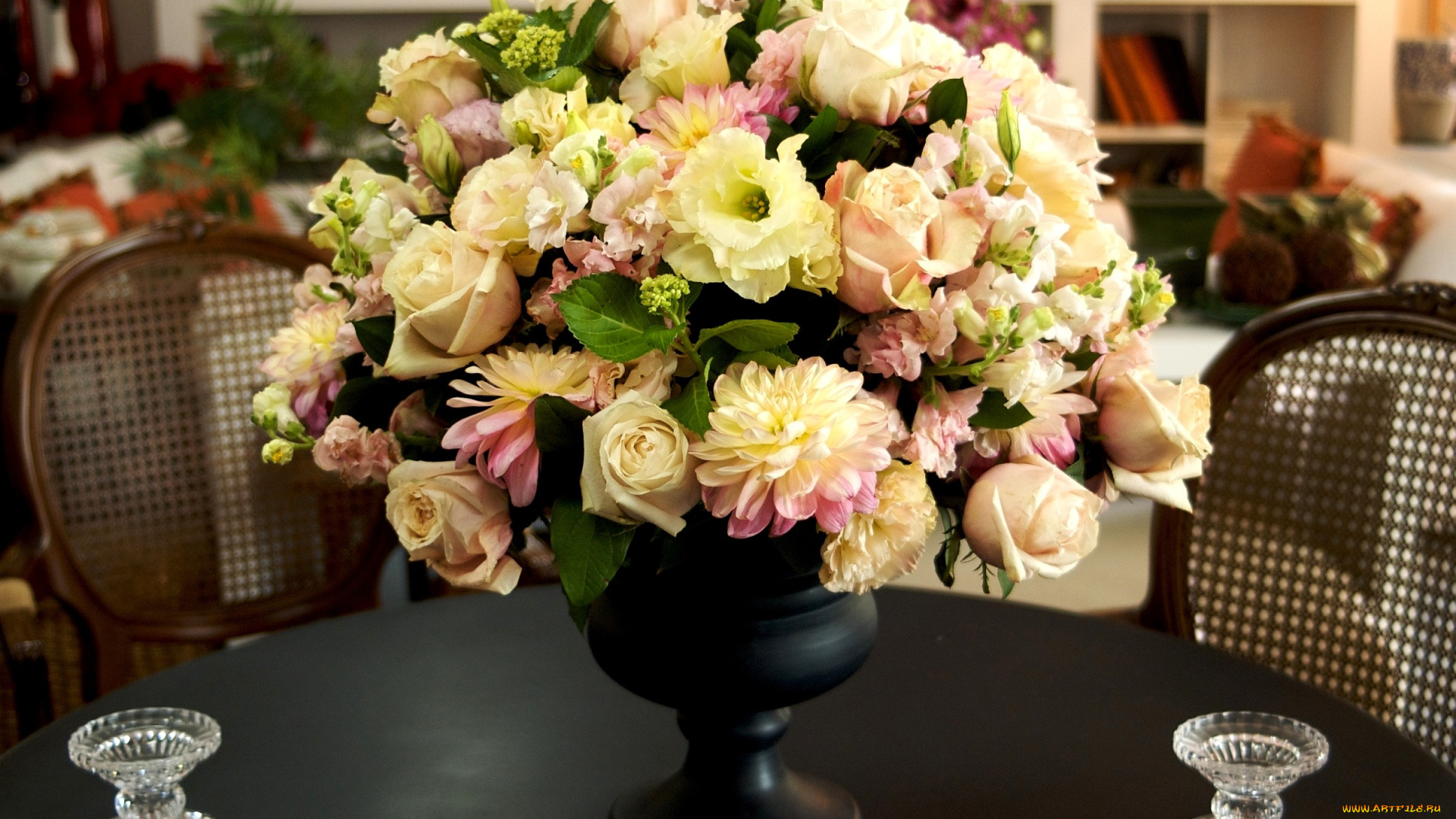 цветы, букеты, композиции, эустома, георгины, ваза, розы