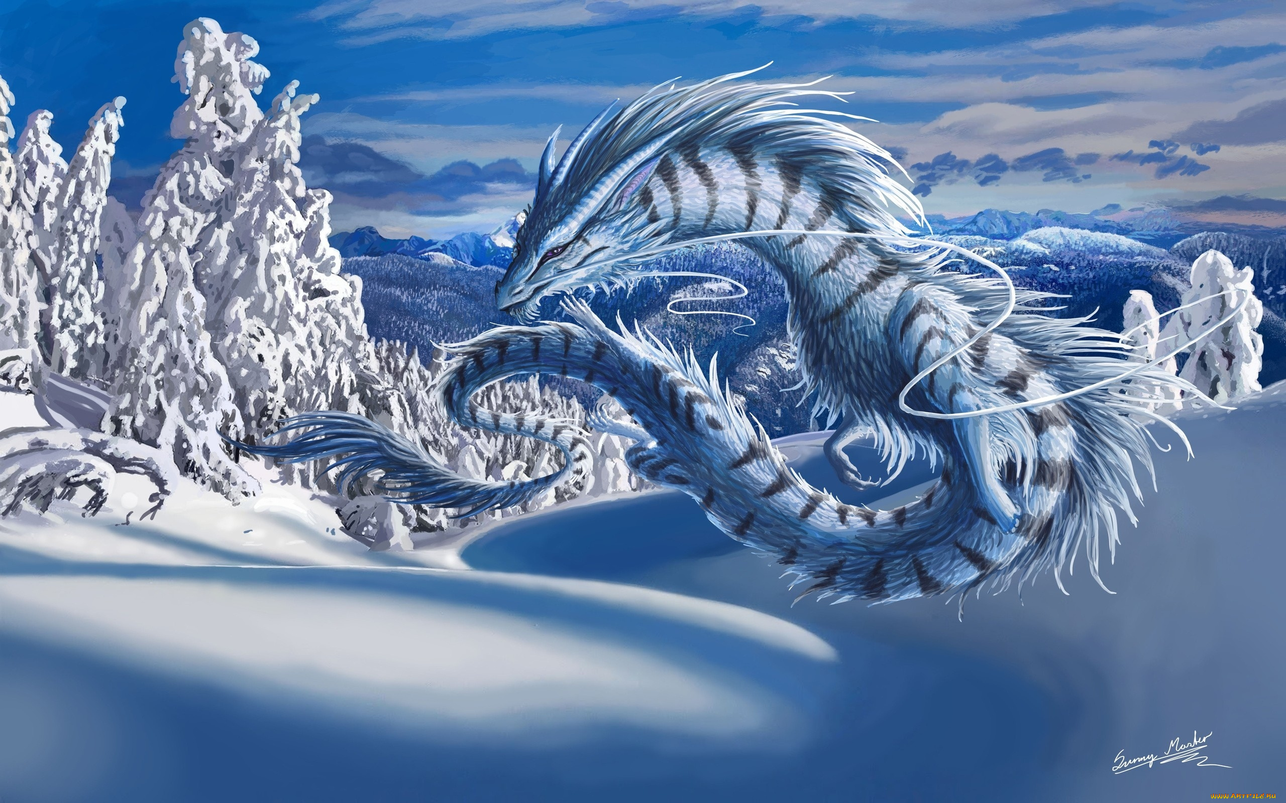 фэнтези, драконы, ели, шипы, снег, зима, голубой, dragons