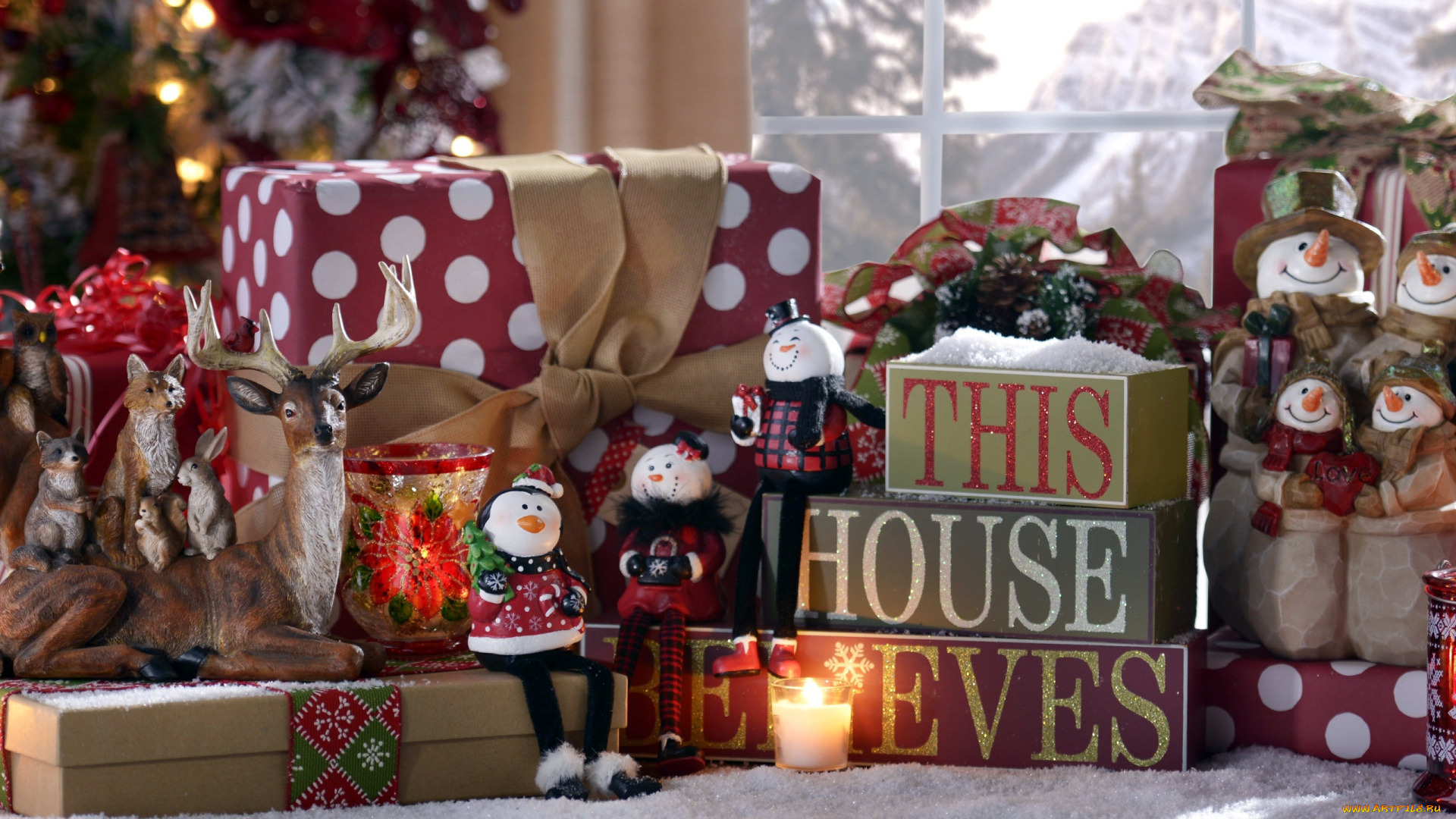 праздничные, подарки, и, коробочки, олень, снеговики, подарки