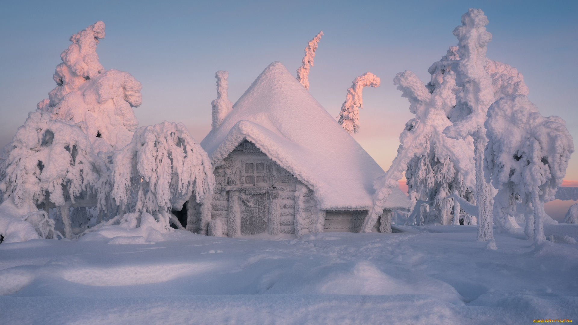 природа, зима, снег, деревья, избушка, сугробы, домик, финляндия, лапландия