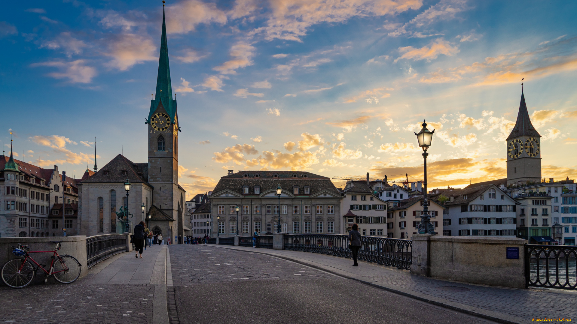 zurich, switzerland, города, цюрих, , швейцария, закат, вечер, церковь, цюрих, фраумюнстер, мост, часовня