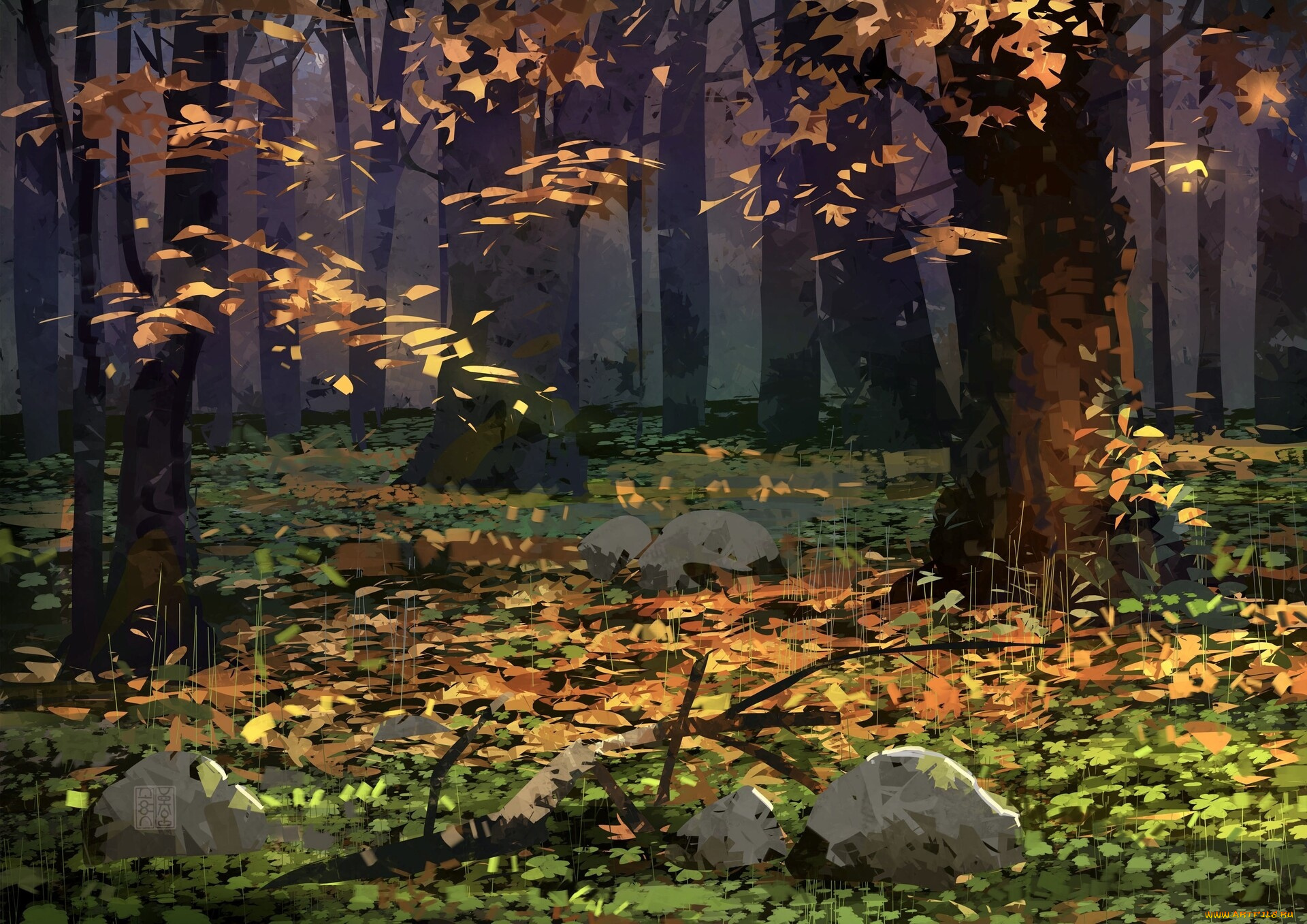 рисованное, природа, лес, осень, камни