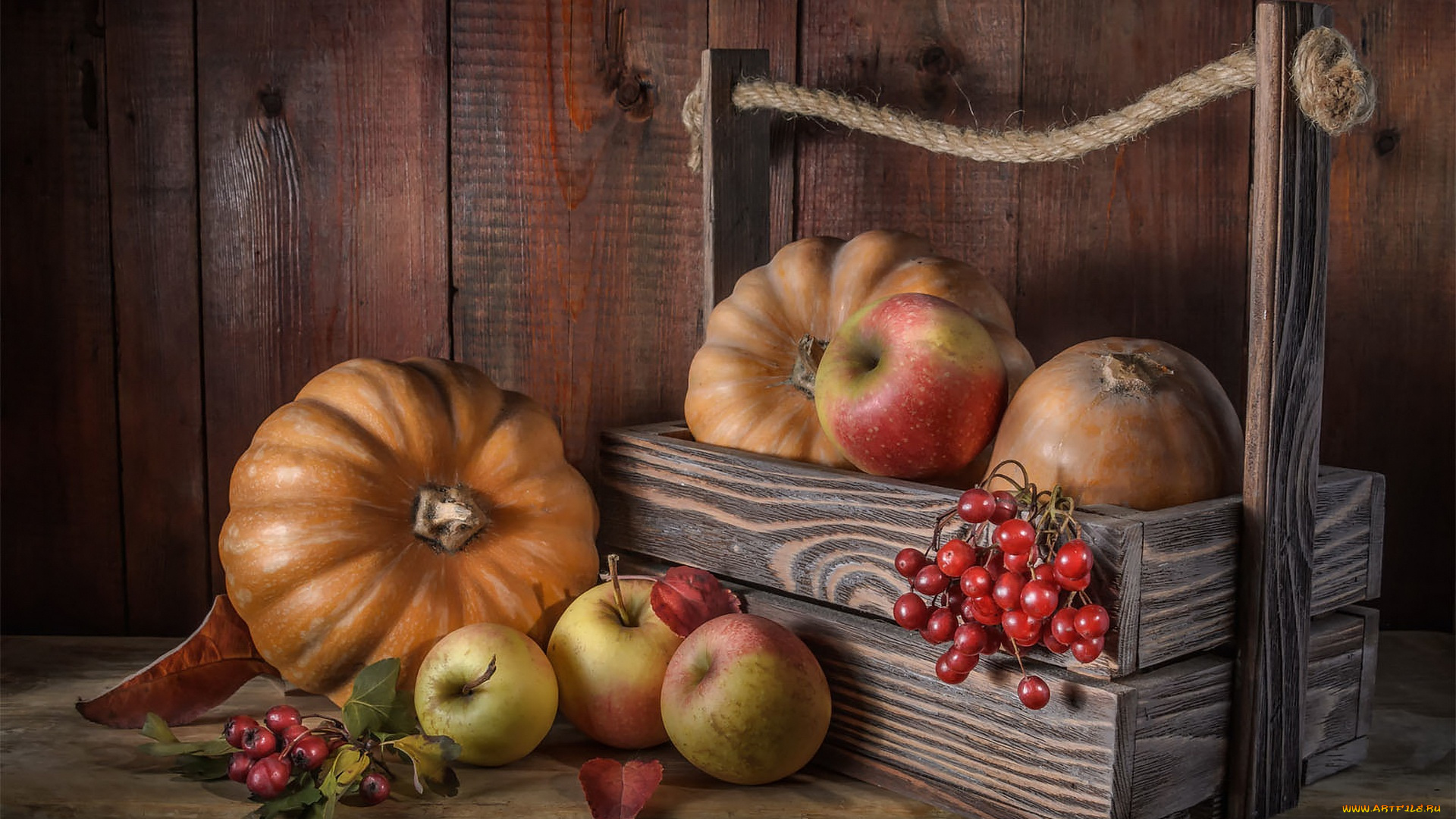 еда, фрукты, и, овощи, вместе, осень, ягоды, стол, доски, веревка, тыквы, фрукты, натюрморт