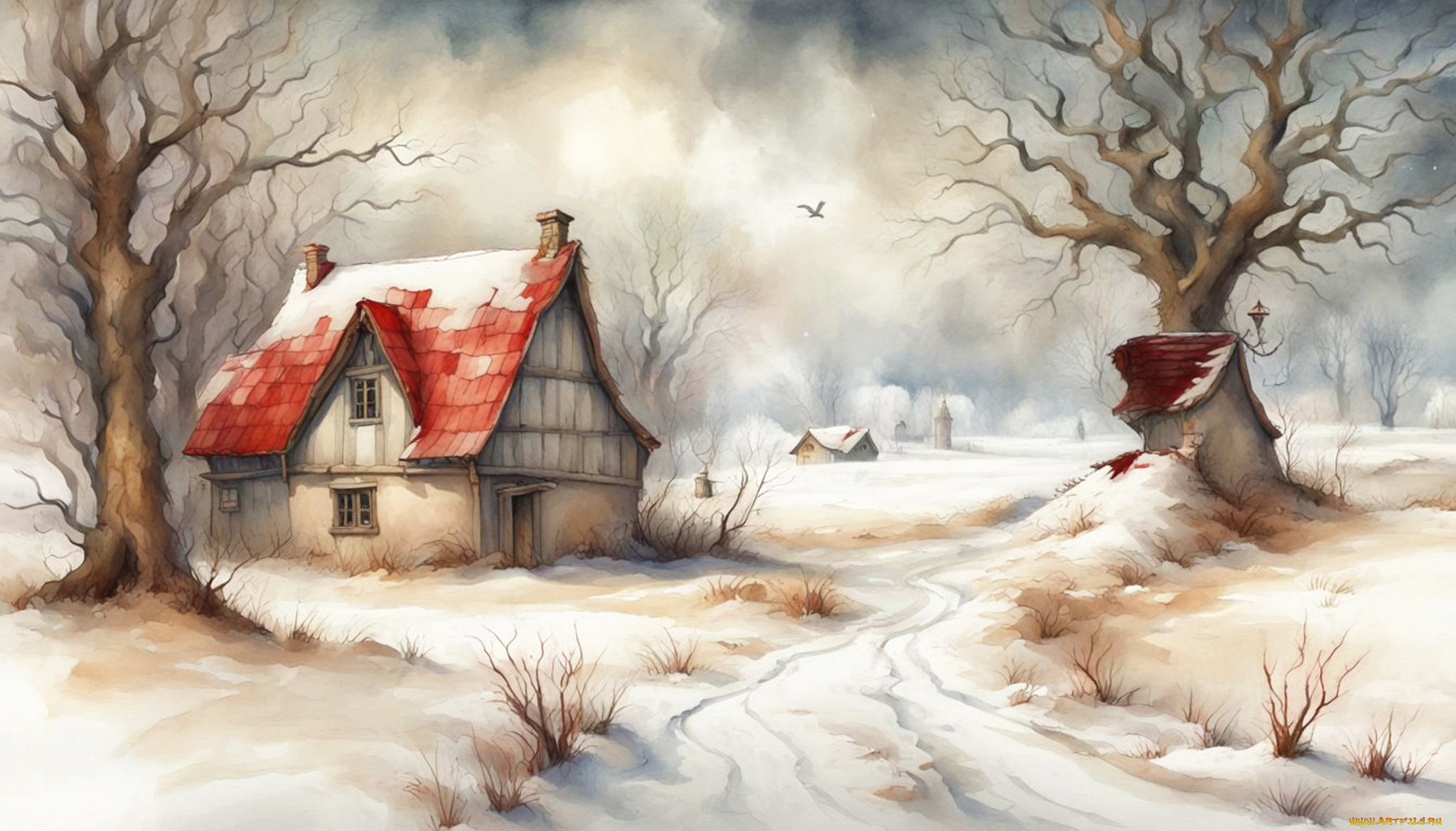рисованное, природа, дом, деревья, живопись, зима
