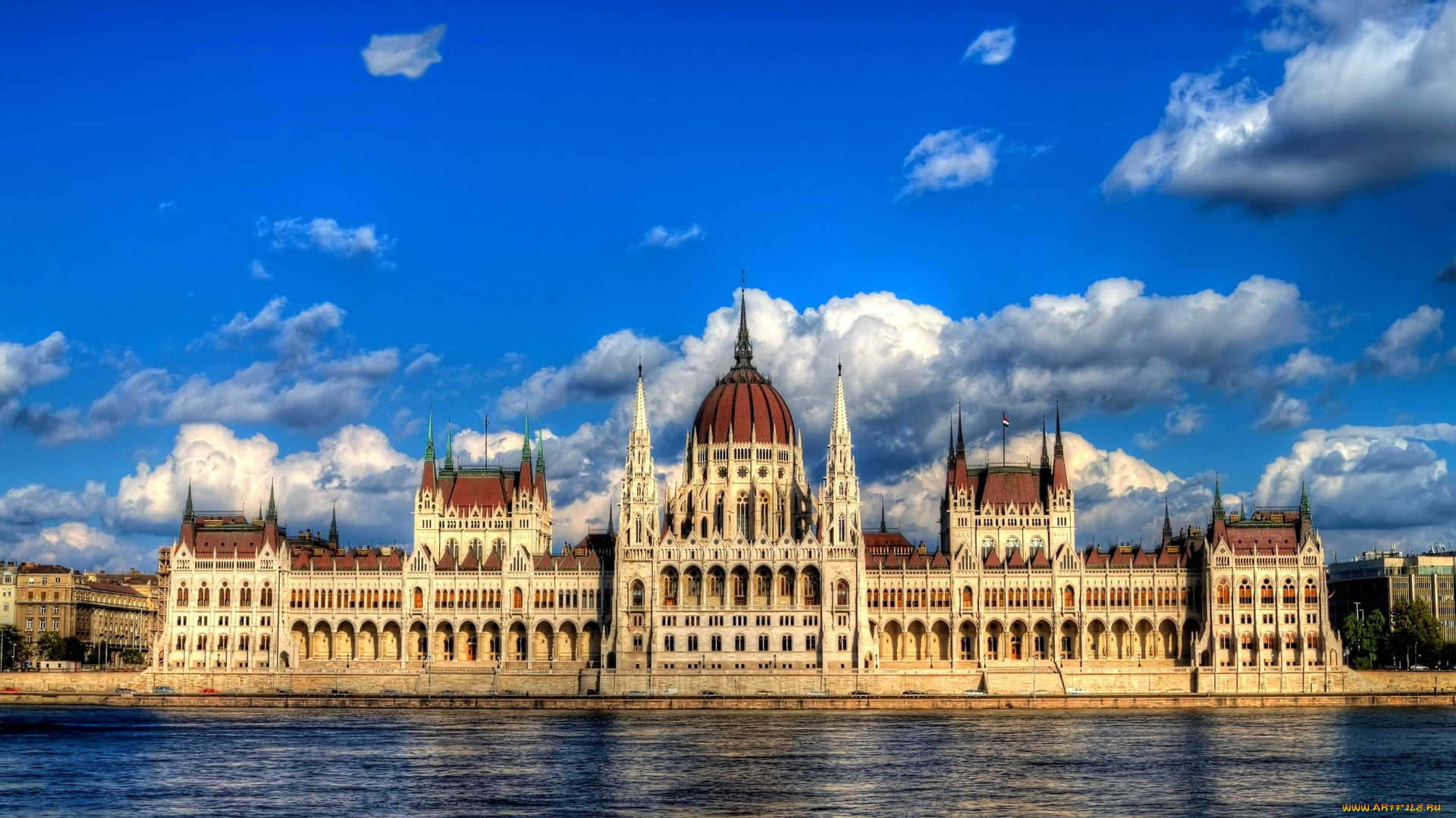 города, будапешт, венгрия, парламент, купол, небо, вода