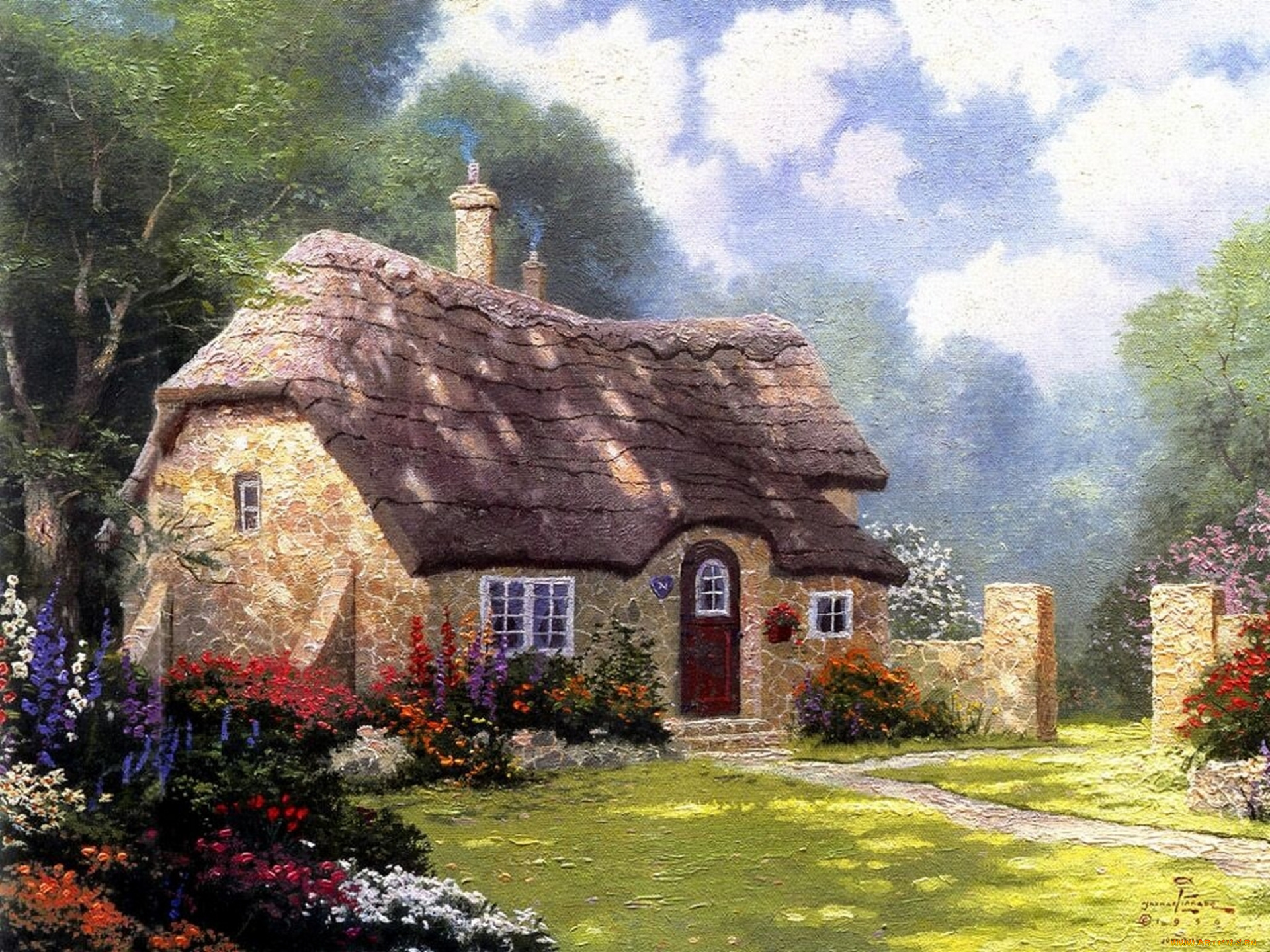 cottage, in, the, forest, рисованные, thomas, kinkade, томас, кинкейд, painting, коттедж, домик, красивый, summer, живопись