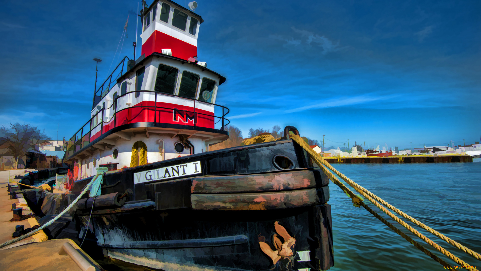 port, dover, ontario, корабли, рисованные, буксир, причал, швартовы