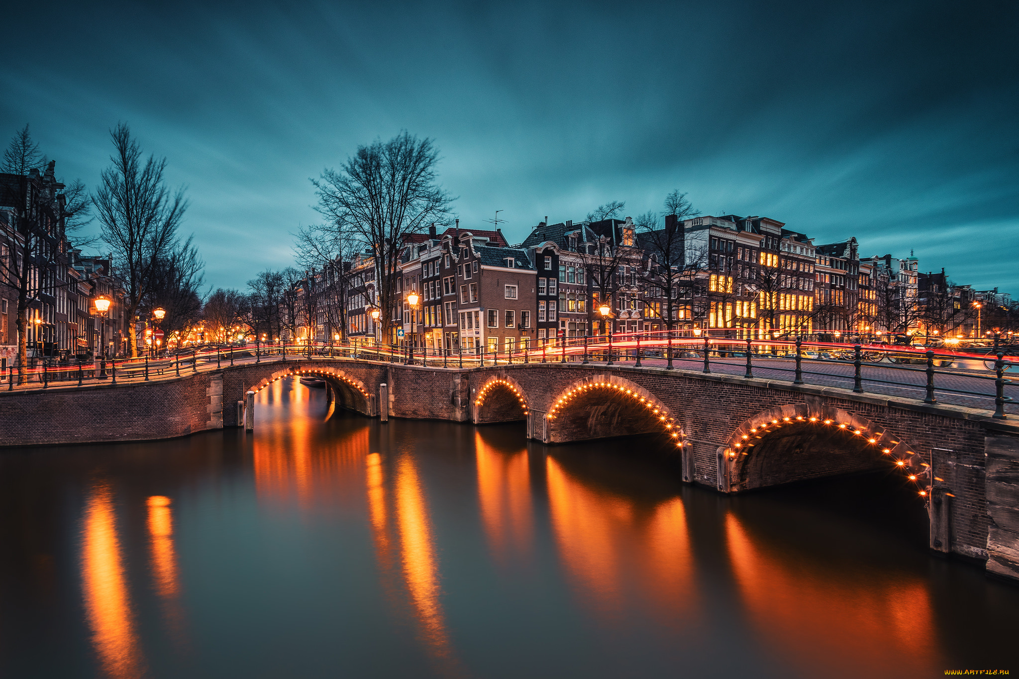 города, амстердам, , нидерланды, мост, река