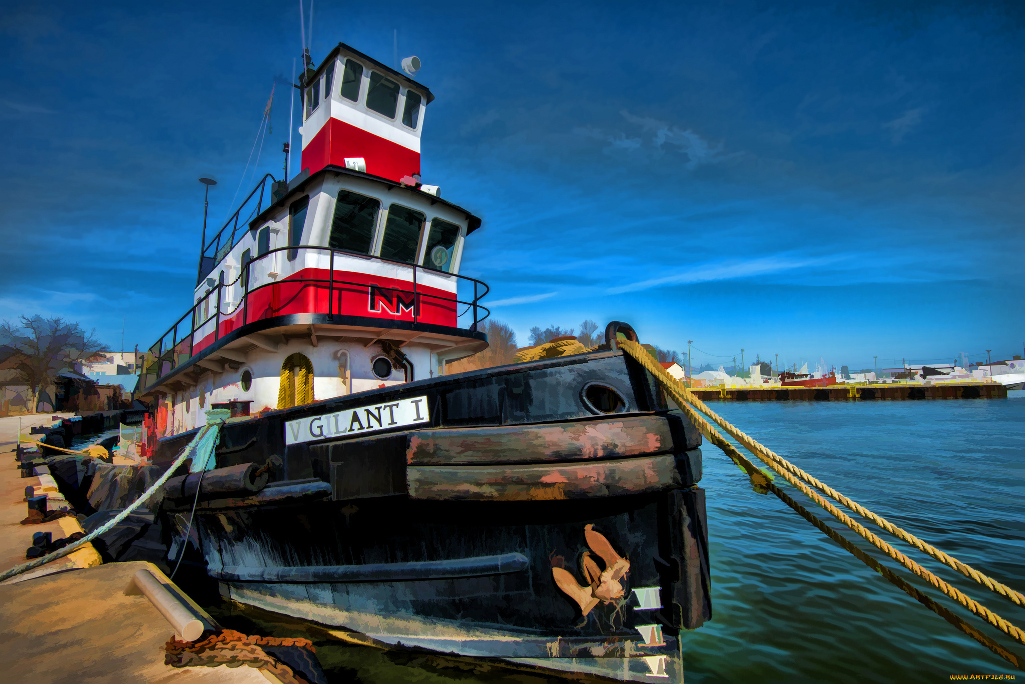 port, dover, ontario, корабли, рисованные, буксир, причал, швартовы