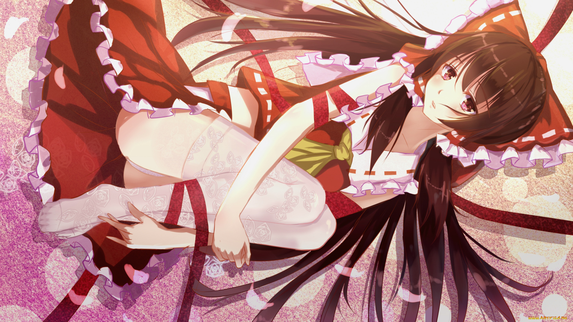 аниме, touhou, девушка, арт, бант, hakurei, reimu, взгляд, лежит