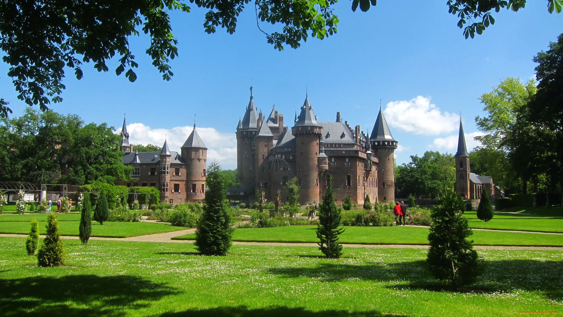 замок, de, haar, голландия, города, замки, нидерландов, парк, голландия, de, haar, замок, кусты, газоны