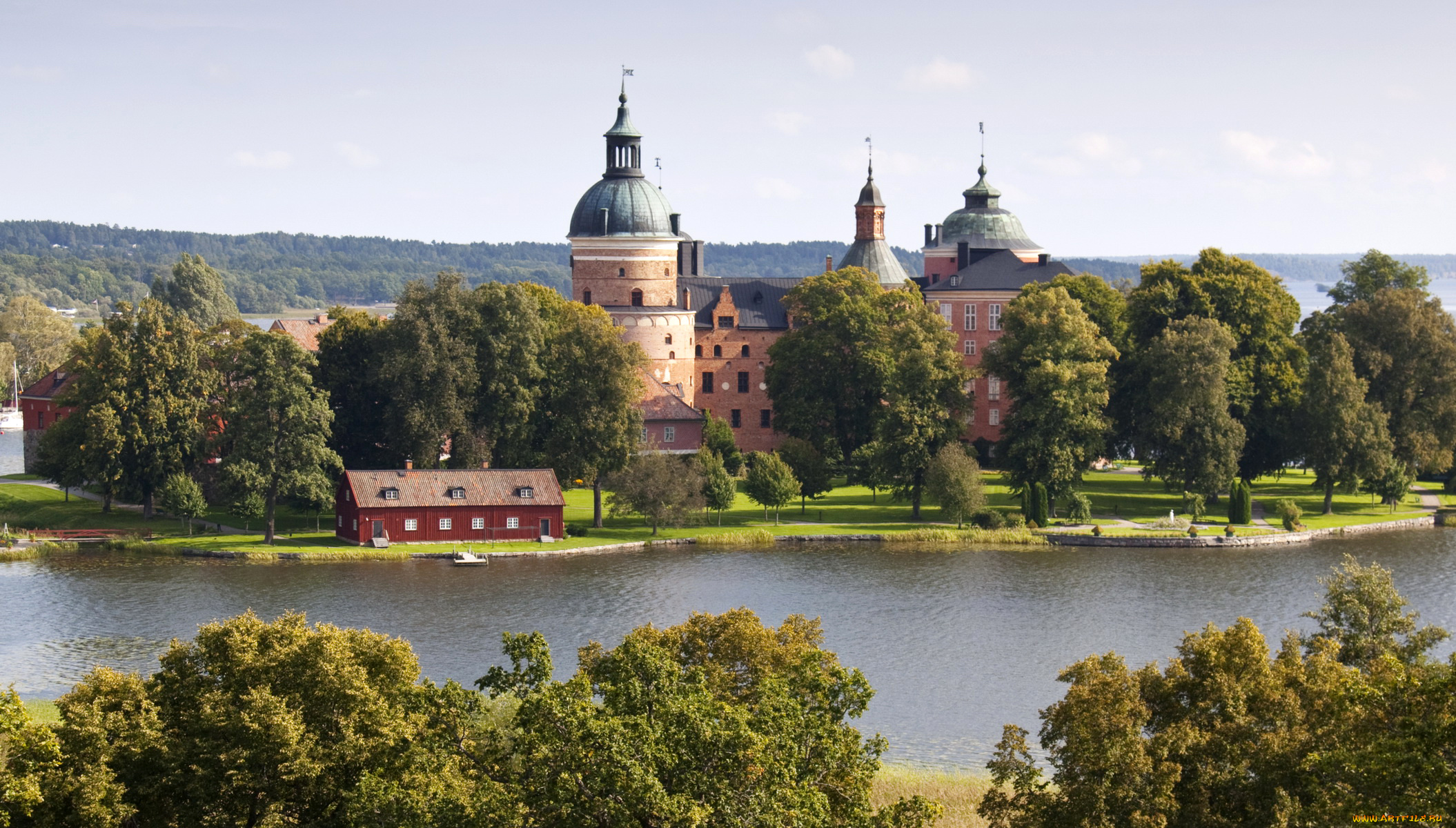 замок, gripsholms, швеция, города, замки, швеции, река, пейзаж, деревья, gripsholms, замок