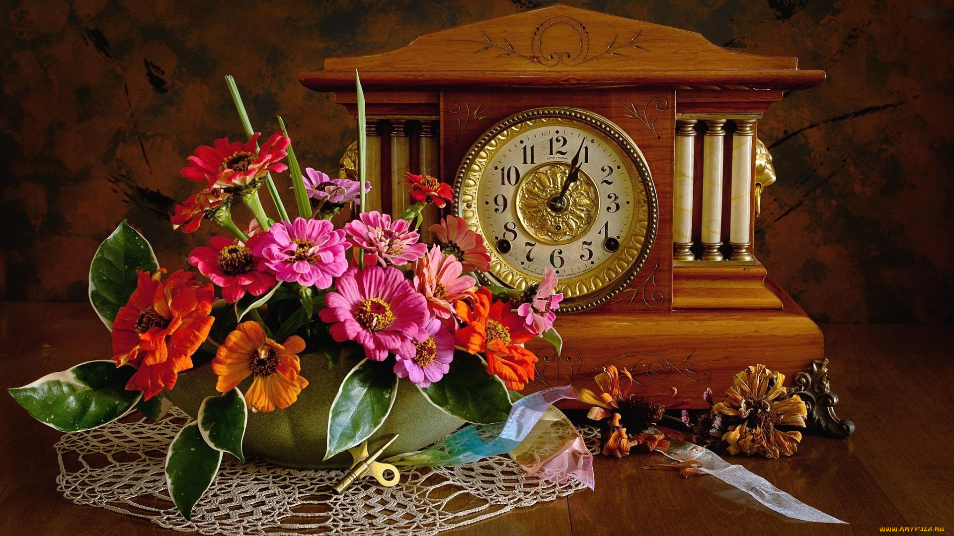 цветы, цинния, часы, букет