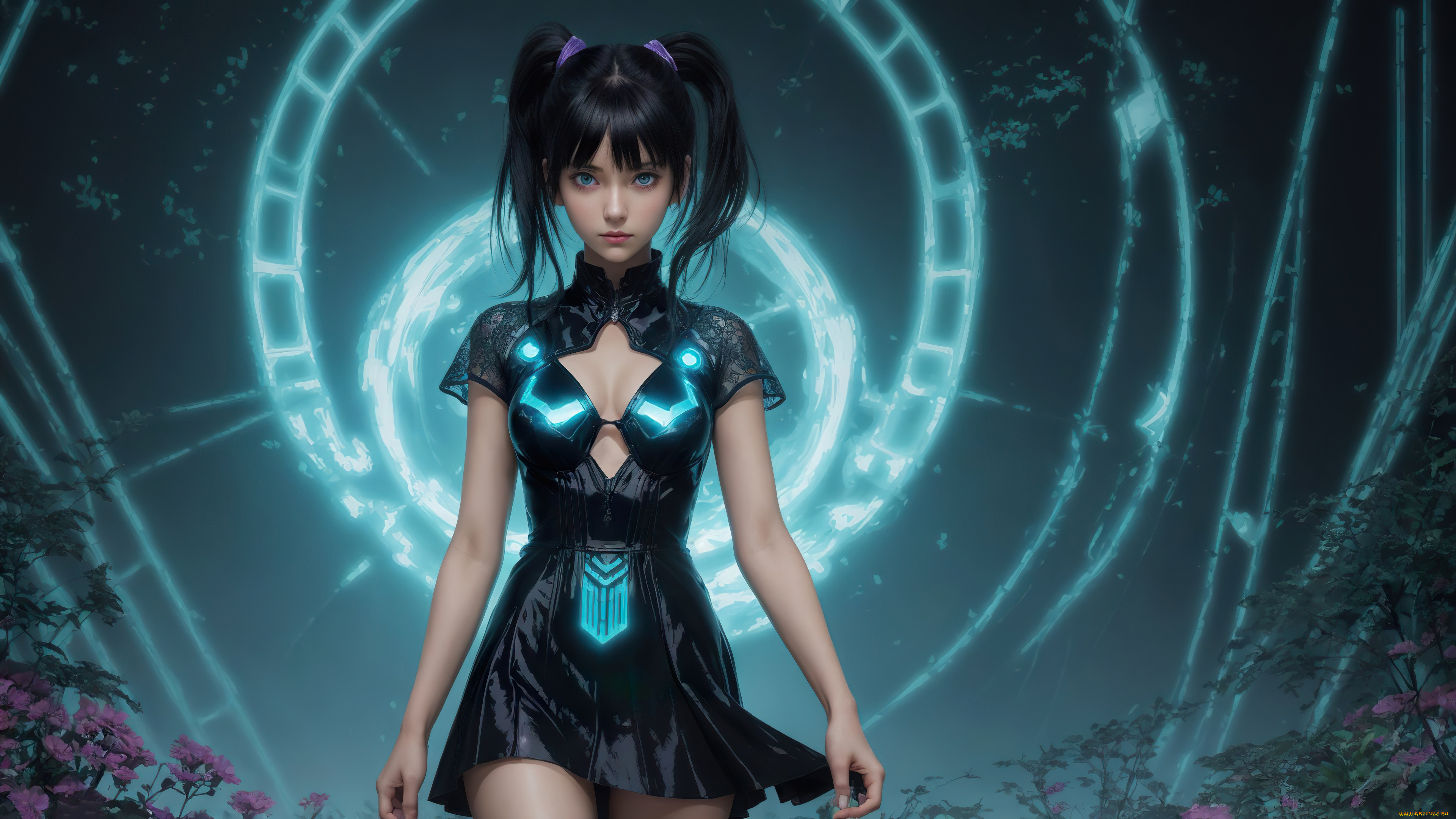 нейросеть, 3д, графика, фантазия, , fantasy, girl, art, blue, eyes, painting, digital, black, dress