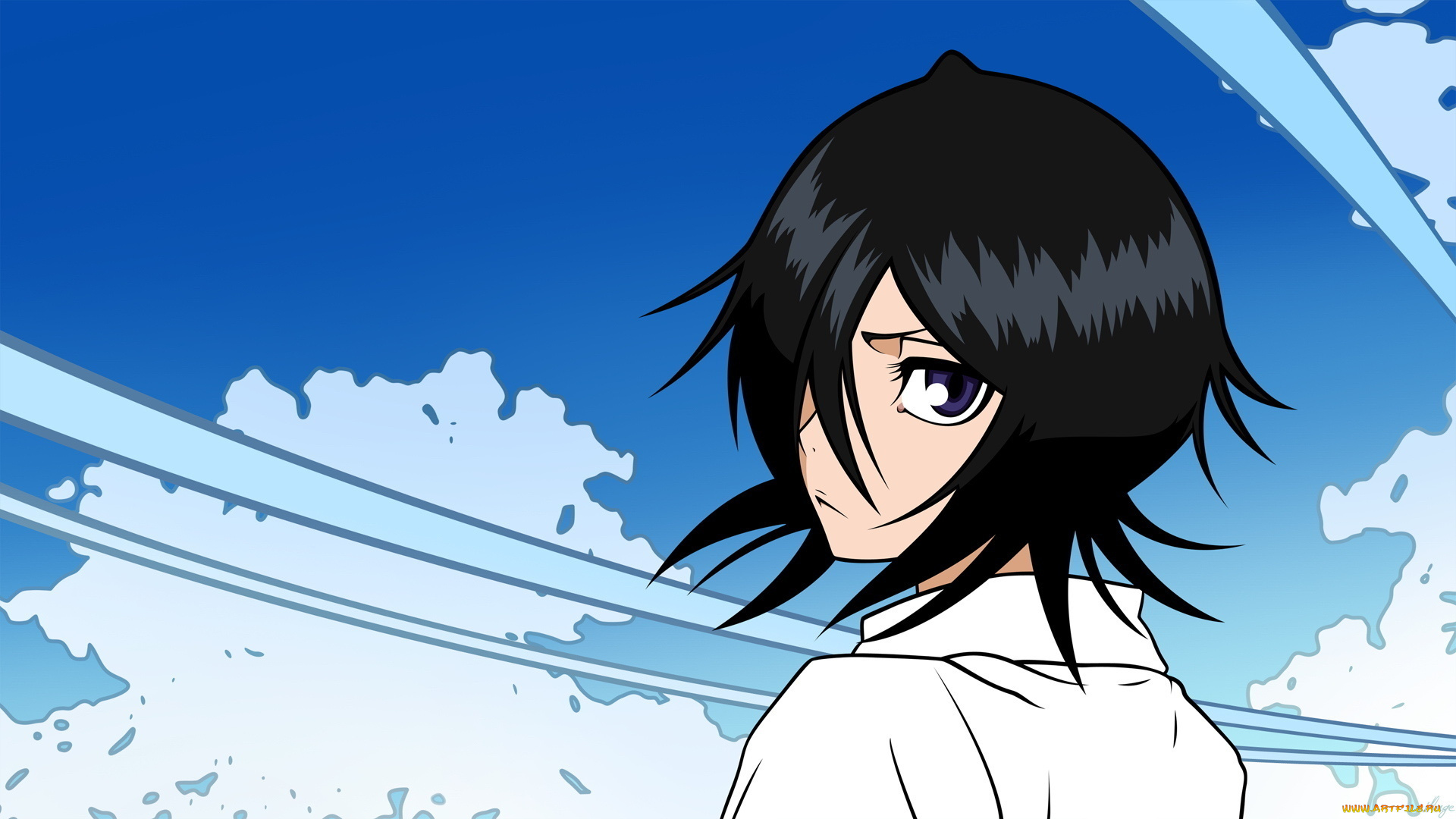 аниме, bleach, kuchiki, rukia, девушка, прическа, волосы, ветер, облака, небо, взгляд